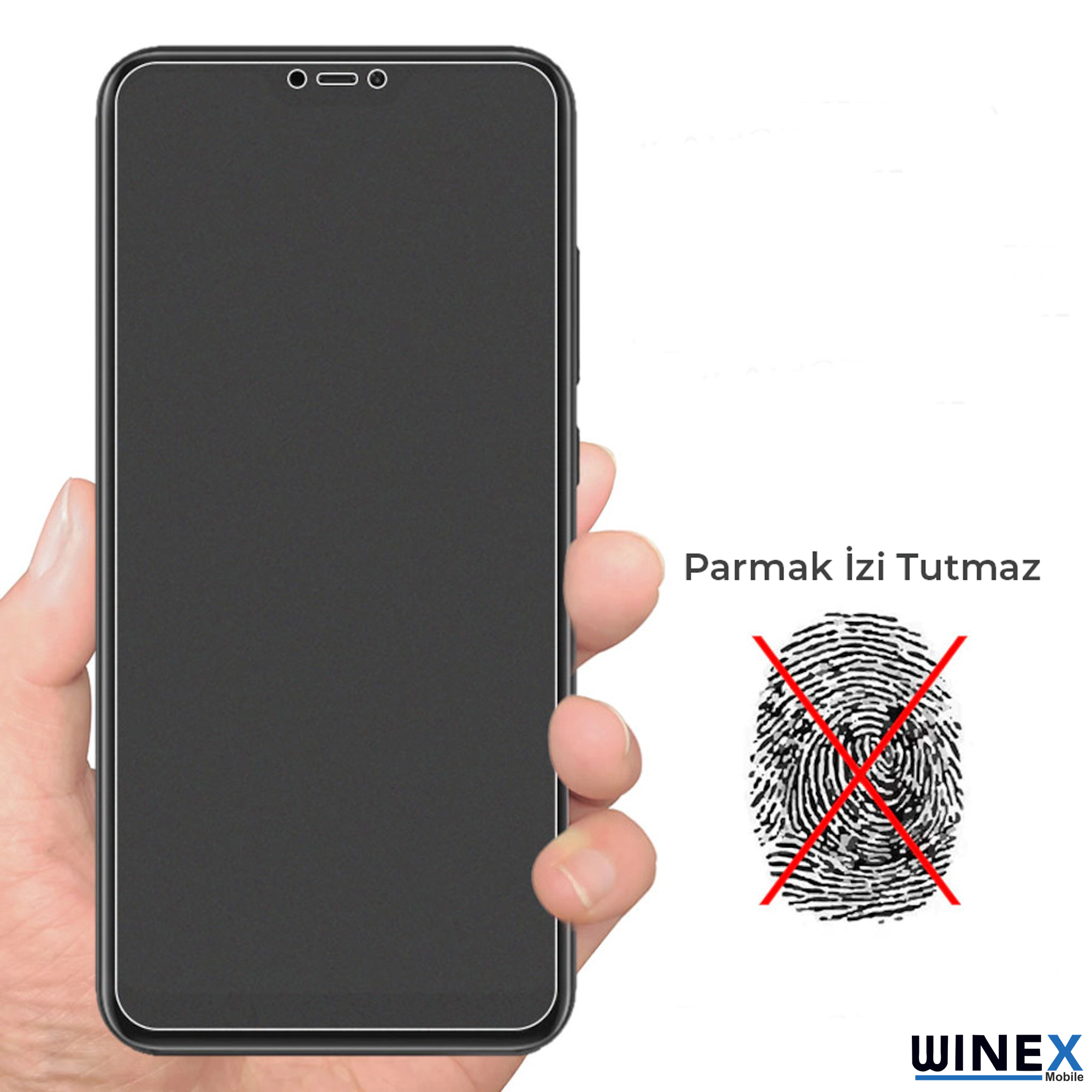Bir el akıllı telefon tutuyor. Parmak izi simgesi üzeri çizilmiş.