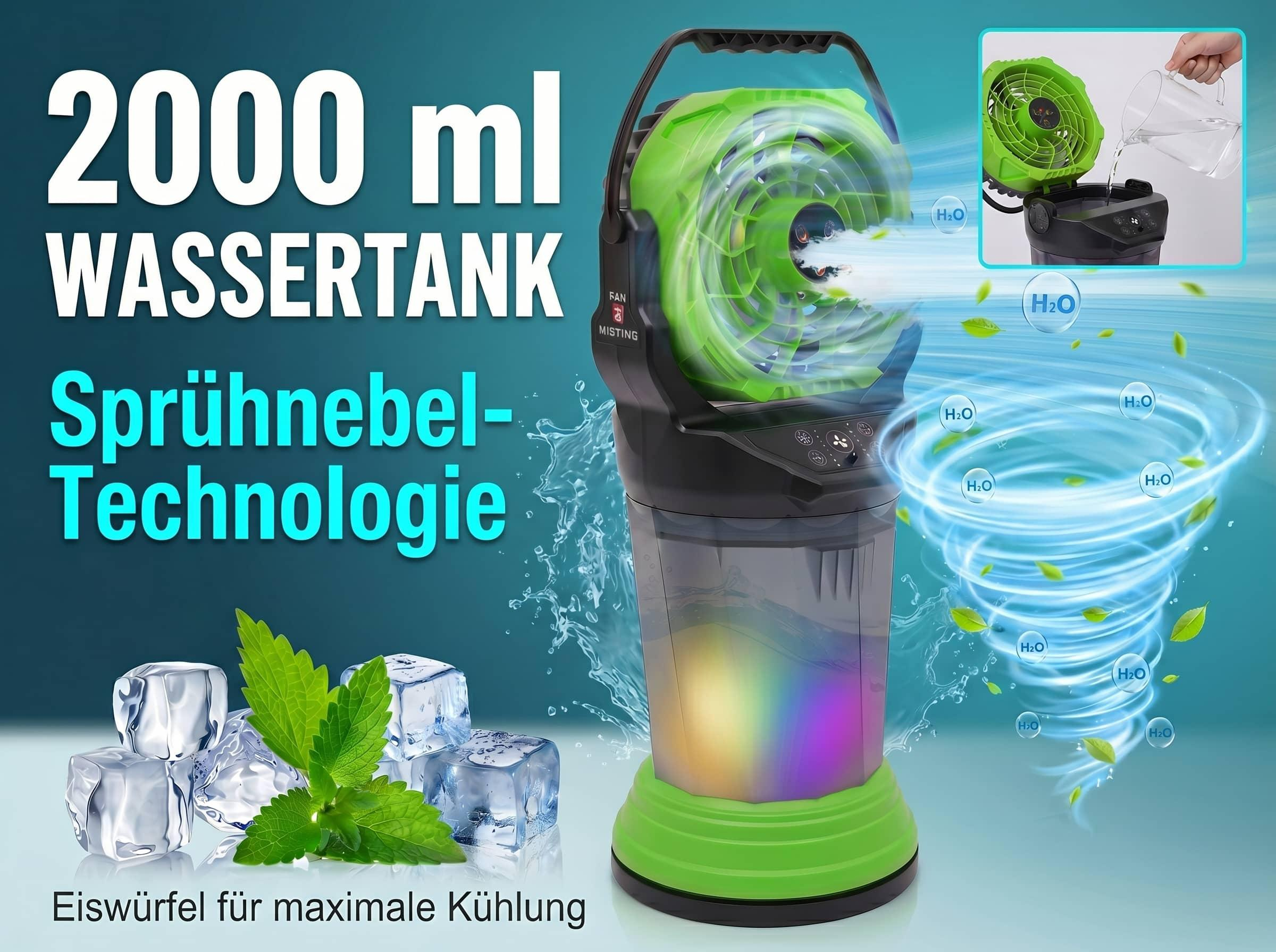 Ein grüner Ventilator mit Sprühnebel-Technologie und Eiswürfeln im Vordergrund.