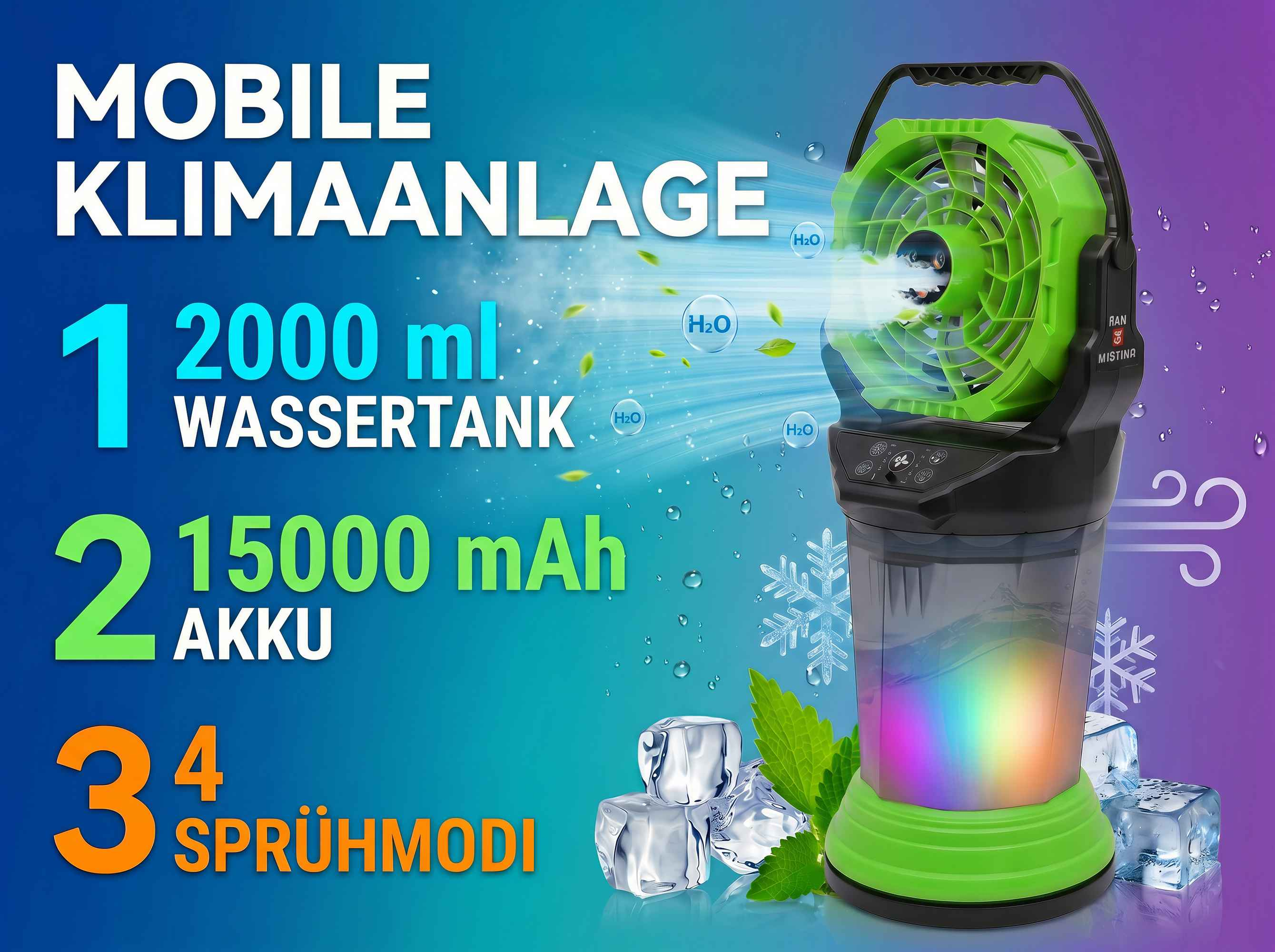Mobile Klimaanlage mit 2000ml Wassertank, 15000 mAh Akku, 4 Sprühmodi.