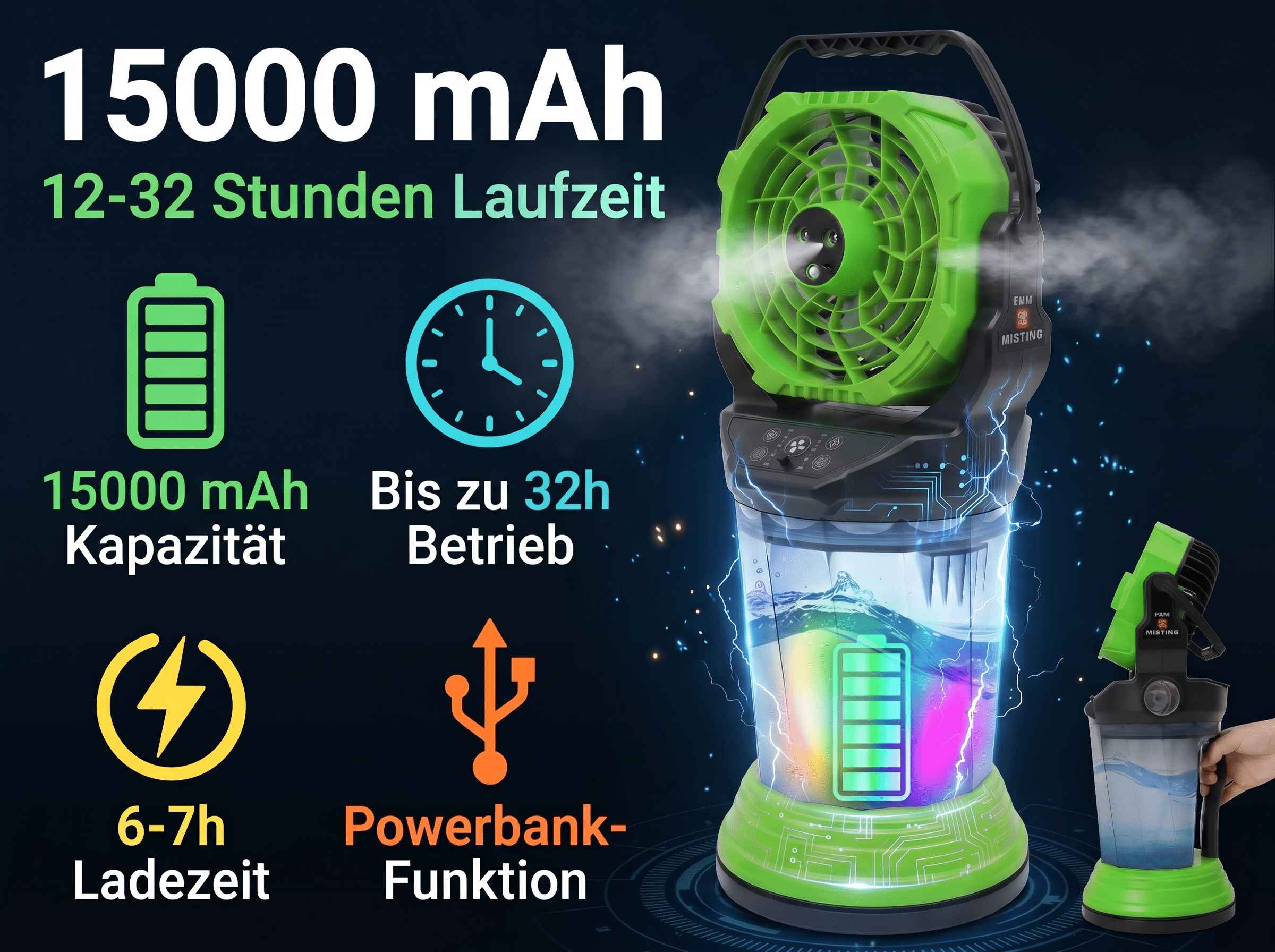 Grüner Lüfter mit Wassertank und Ladeanzeige, 15000 mAh Kapazität.