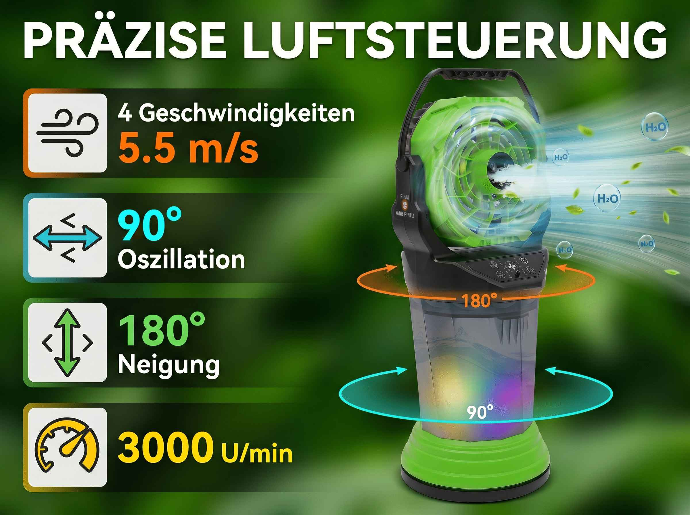 Ein grüner Lüfter mit 4 Geschwindigkeiten, 90° Oszillation, 180° Neigung, 3000 U/min.