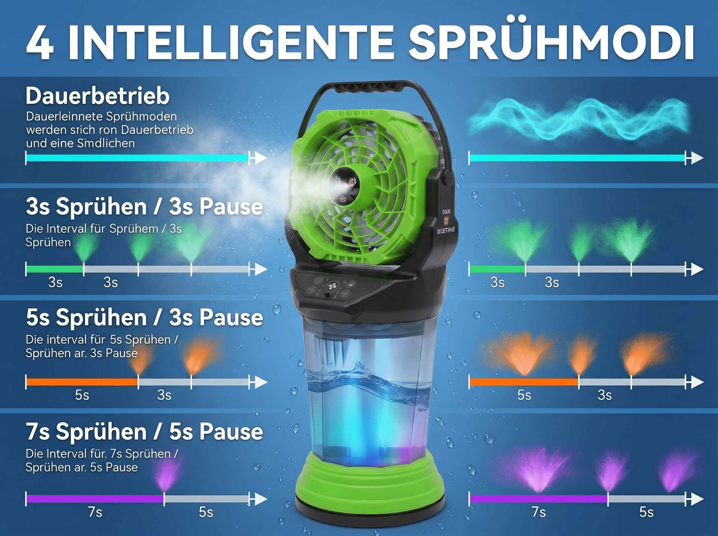 Ein Sprühventilator mit 4 Modi: Dauerbetrieb, 3s Sprühen/3s Pause, 5s Sprühen/3s Pause, 7s Sprühen/5s Pause.