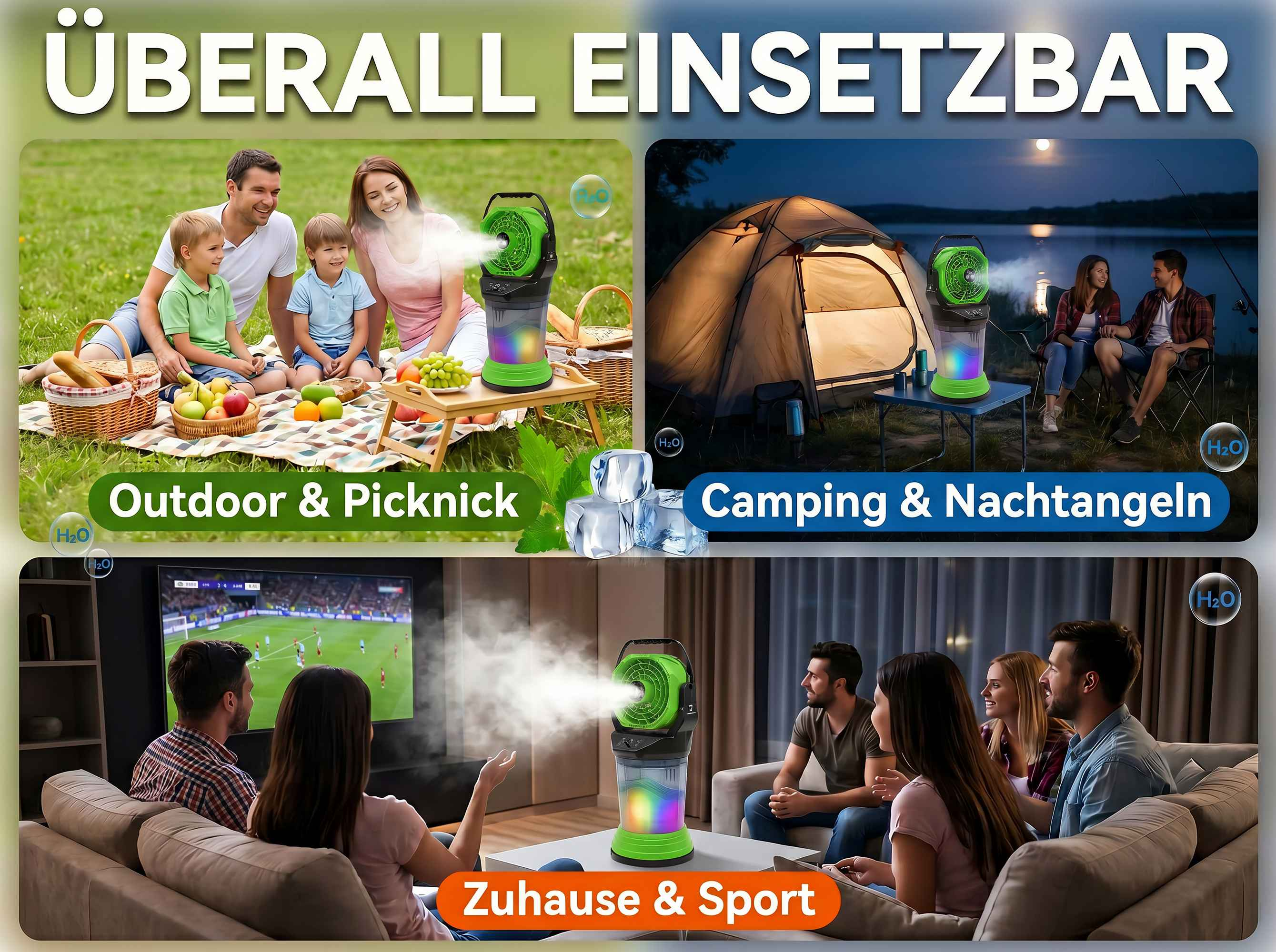 Produkt wird für Picknick, Camping und Zuhause gezeigt.