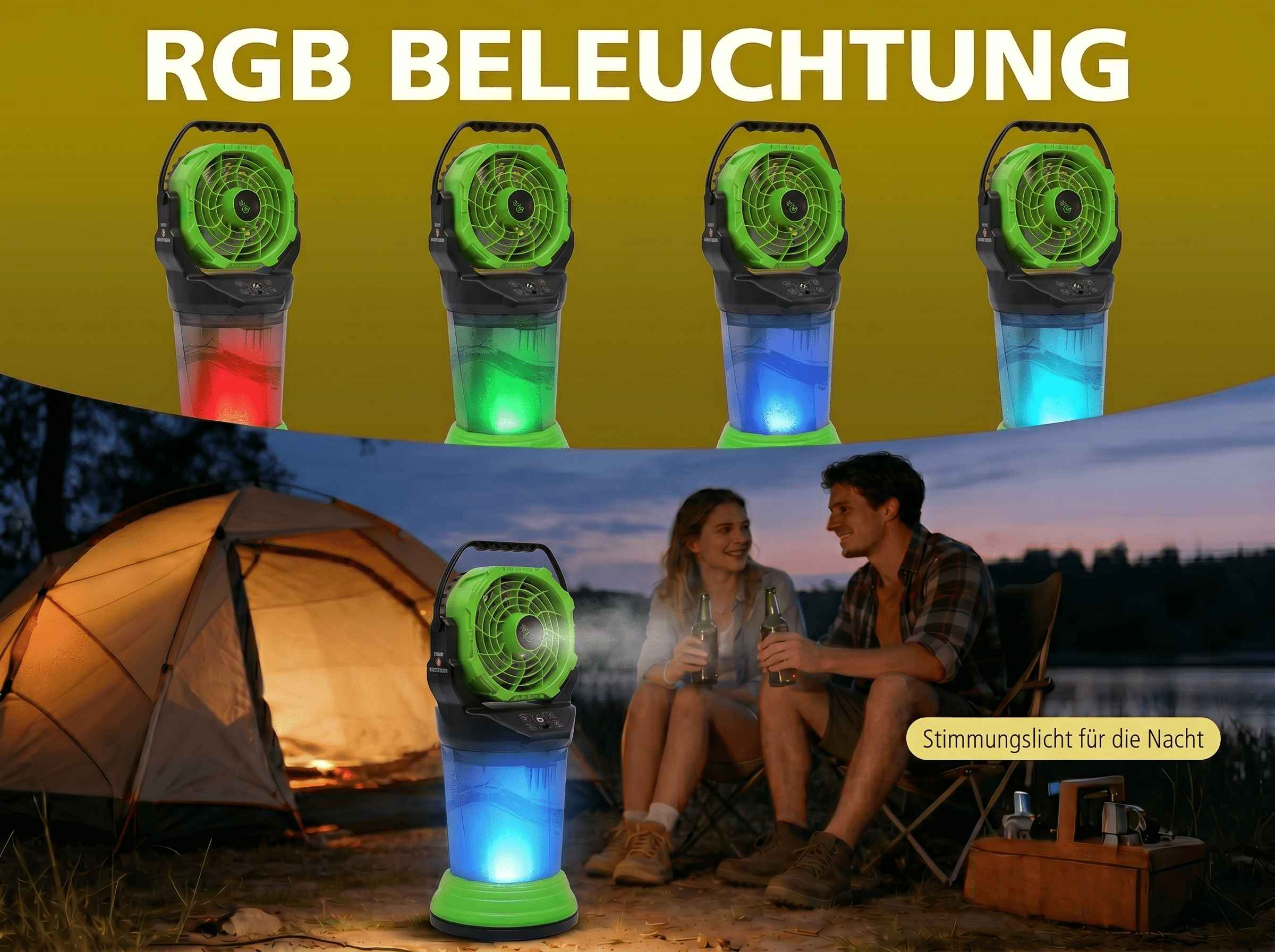 Ein tragbarer Ventilator mit RGB-Beleuchtung neben einem Zelt bei Nacht.
