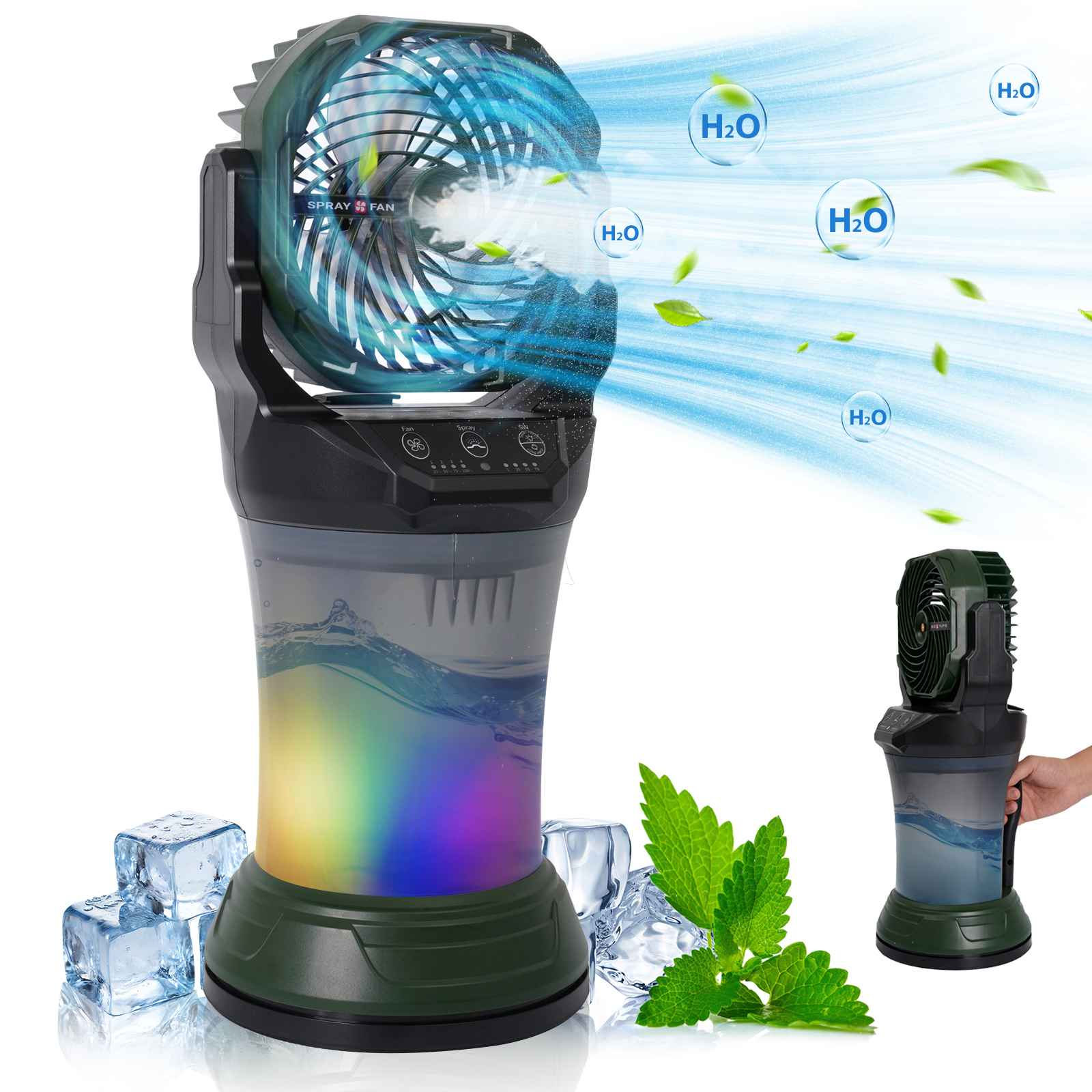 Ein tragbarer Sprühventilator mit bunten Lichtern, Eiswürfeln und Blättern.