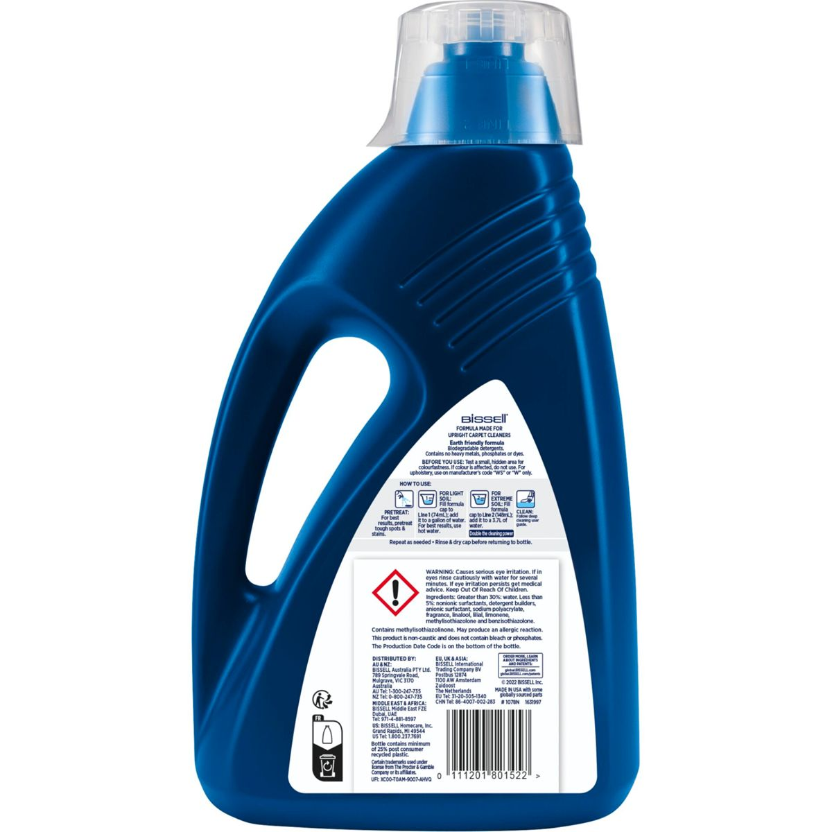 Donkerblauwe schoonmaakfles met wit etiket en doorzichtige dop.