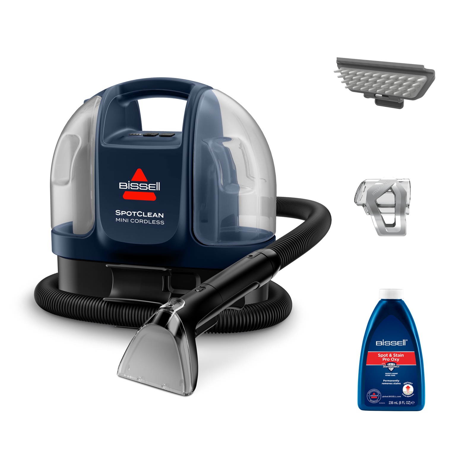 Pulitore Bissell SpotClean Mini Senza Filo con accessori e soluzione detergente.