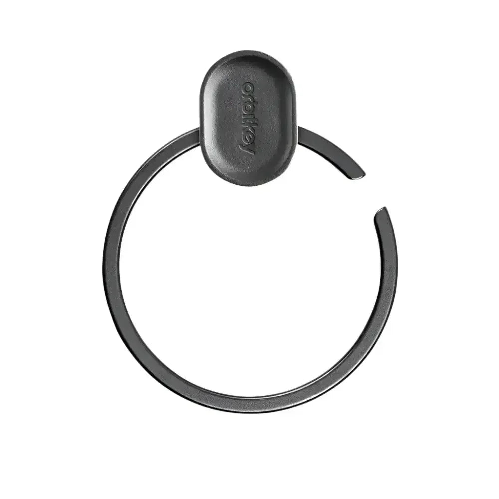 Un anello scuro con un supporto ovale. L'anello è aperto su un lato.