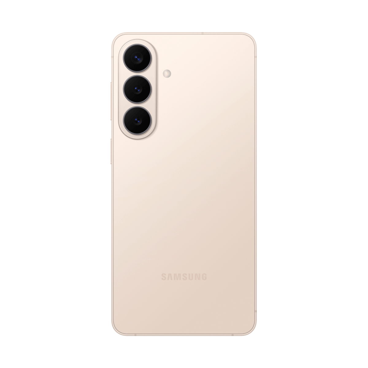 Retro di uno smartphone Samsung beige chiaro con tre obiettivi e logo Samsung.