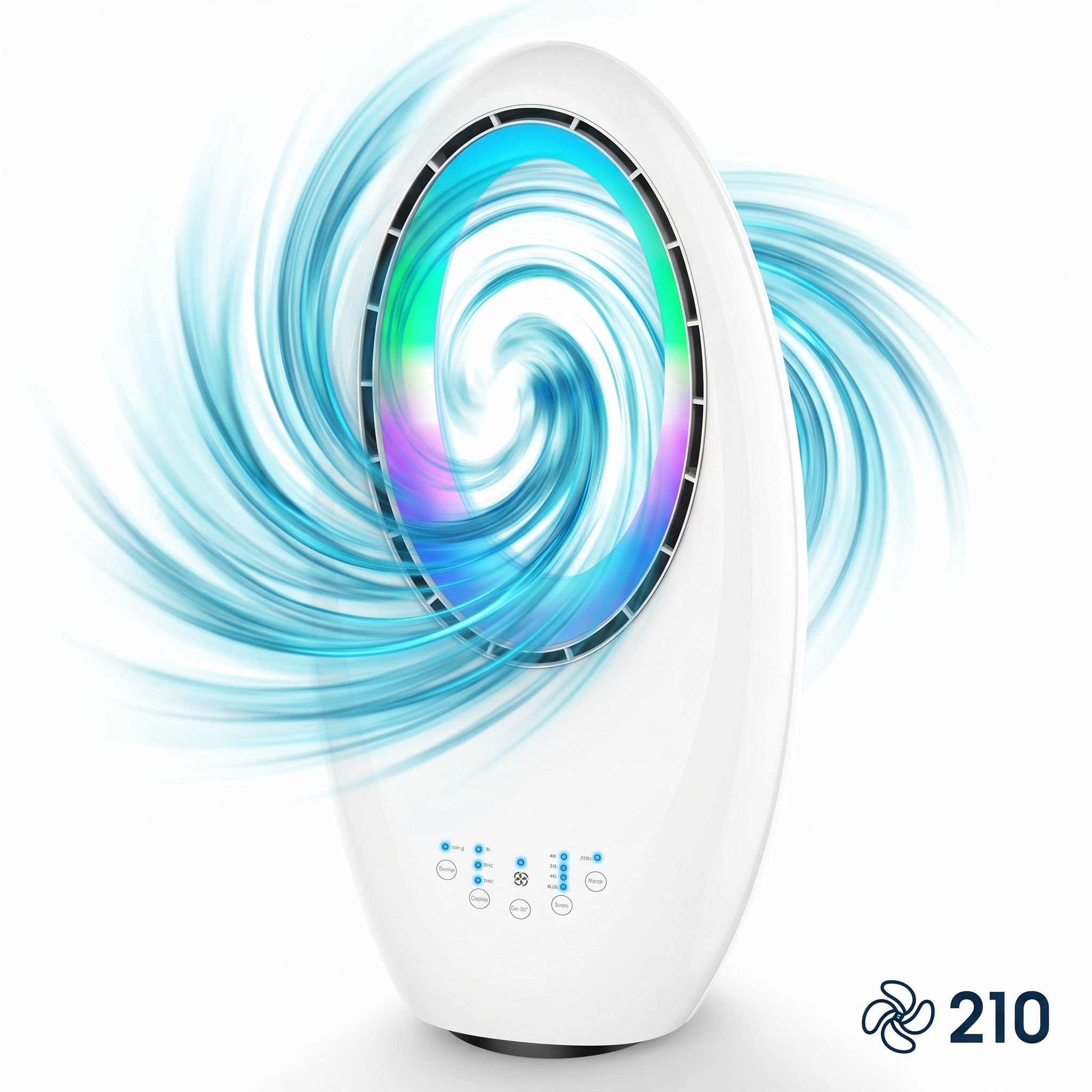 Ein weißer Turmventilator mit blau-grünen Wirbeln und bunten Lichtern.