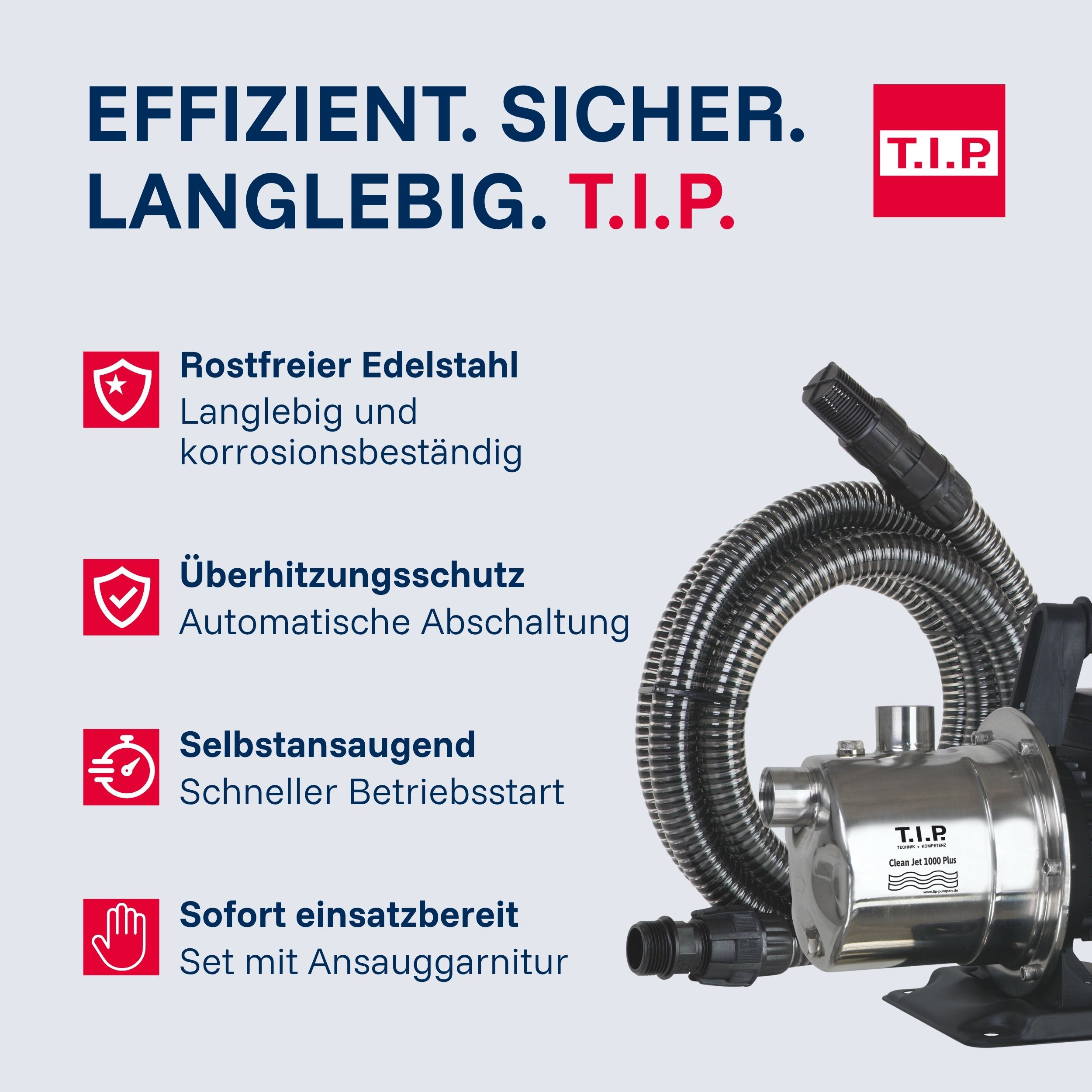 Edelstahlpumpe mit Schlauch und Text.