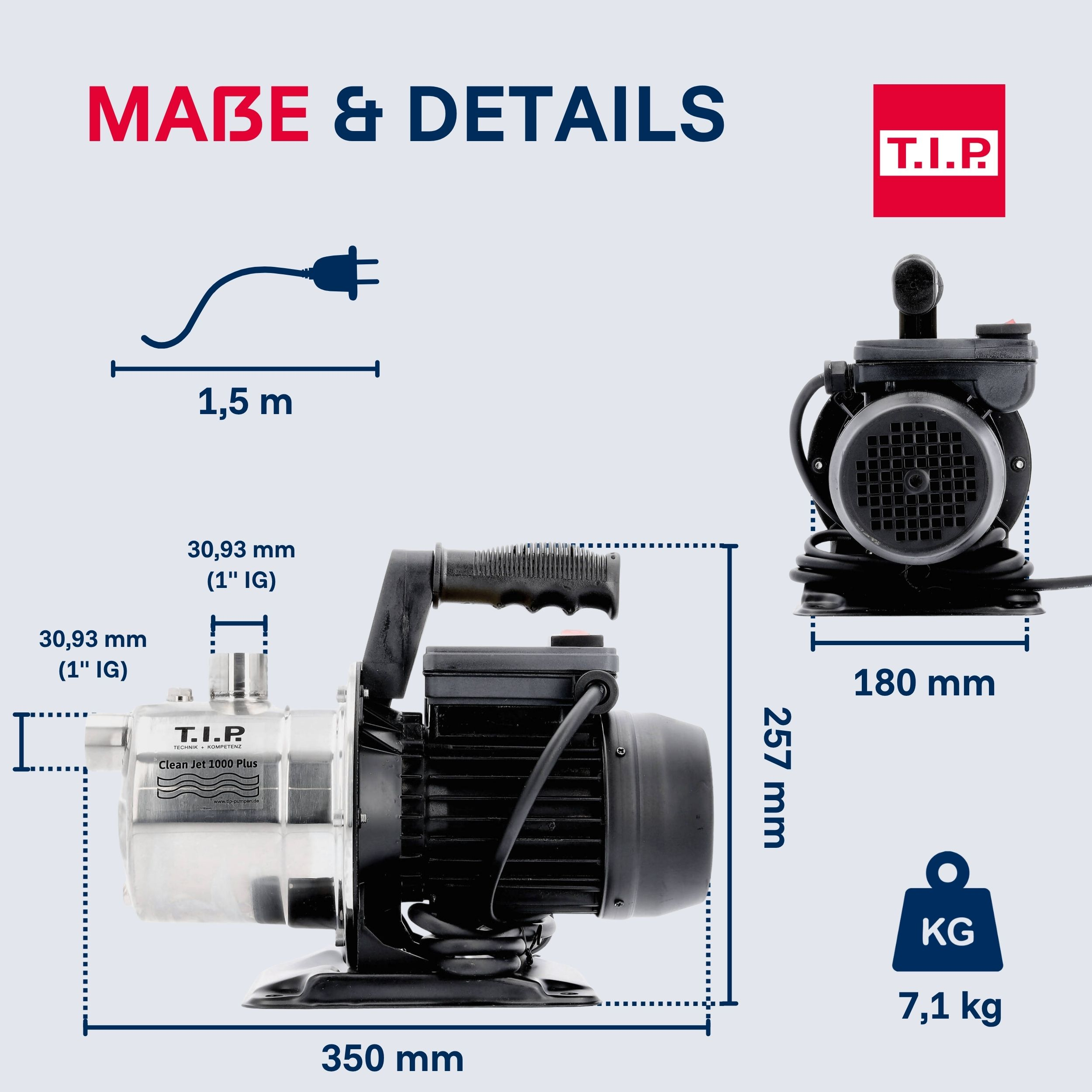 Schwarze Wasserpumpe mit Maßen: 350mm L, 257mm H, 180mm B. 7,1 kg.