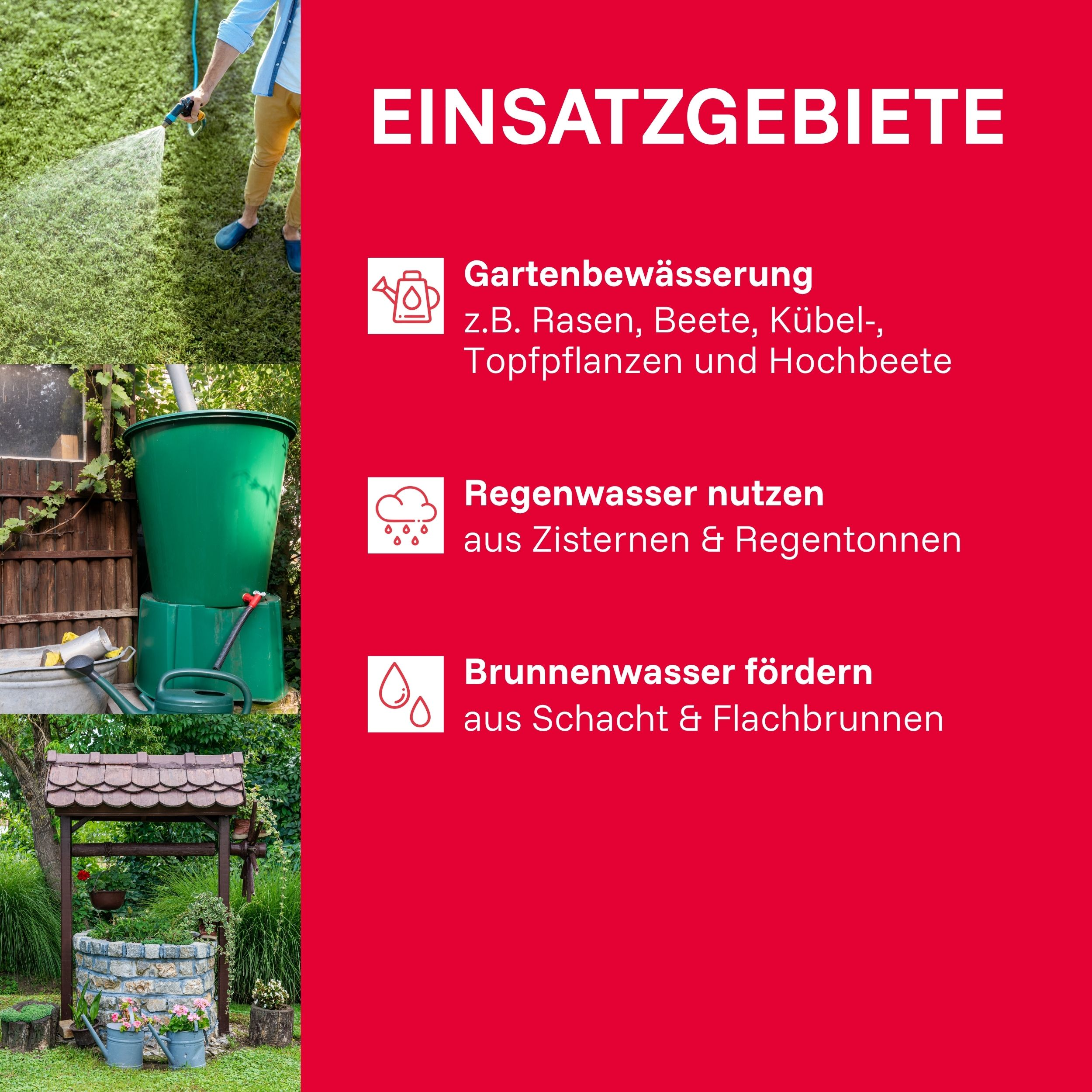 Gartenbewässerung, Regenwassernutzung und Brunnenwasserförderung.