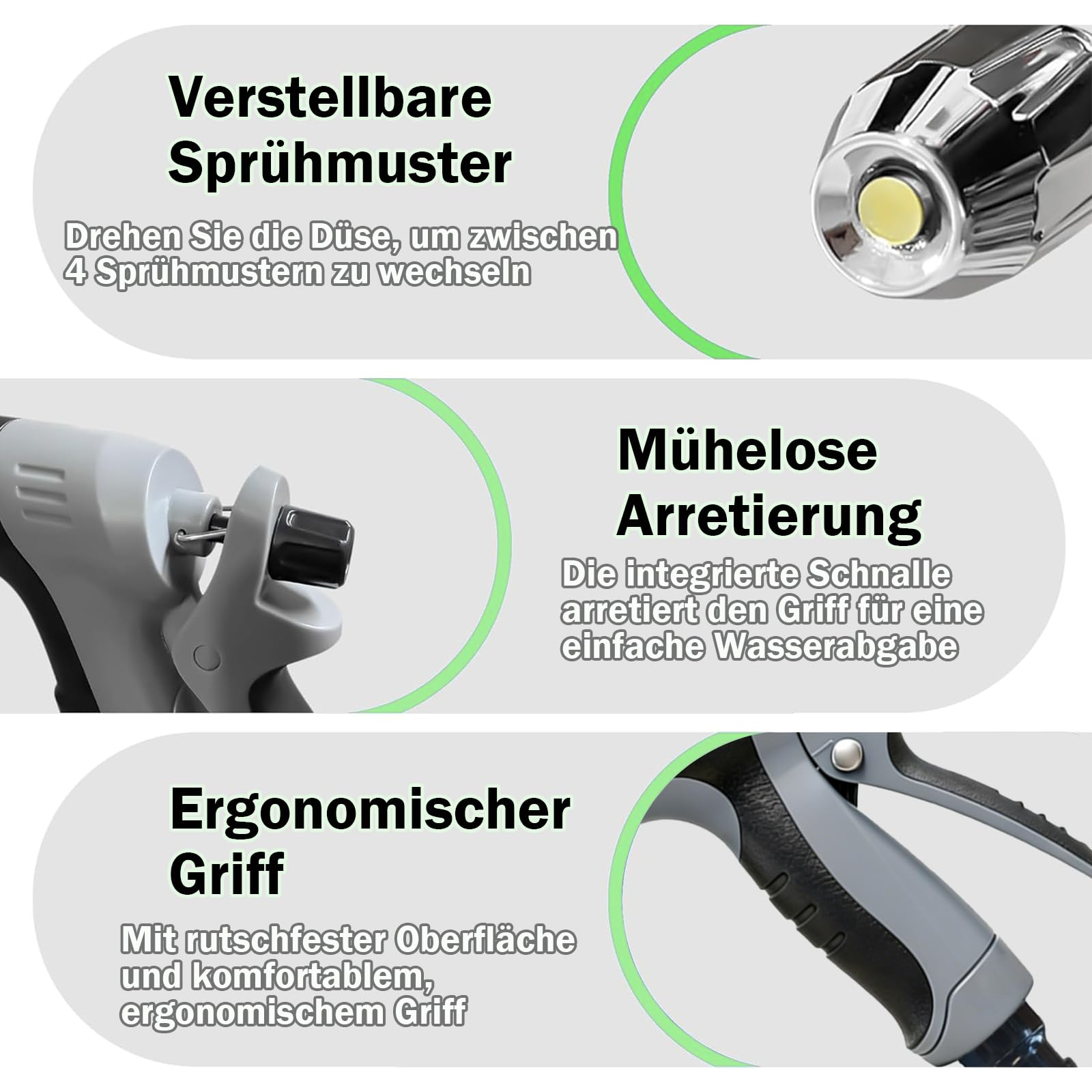 Gartenspritze mit verstellbarem Muster, Griffarretierung und ergonomischem Griff.
