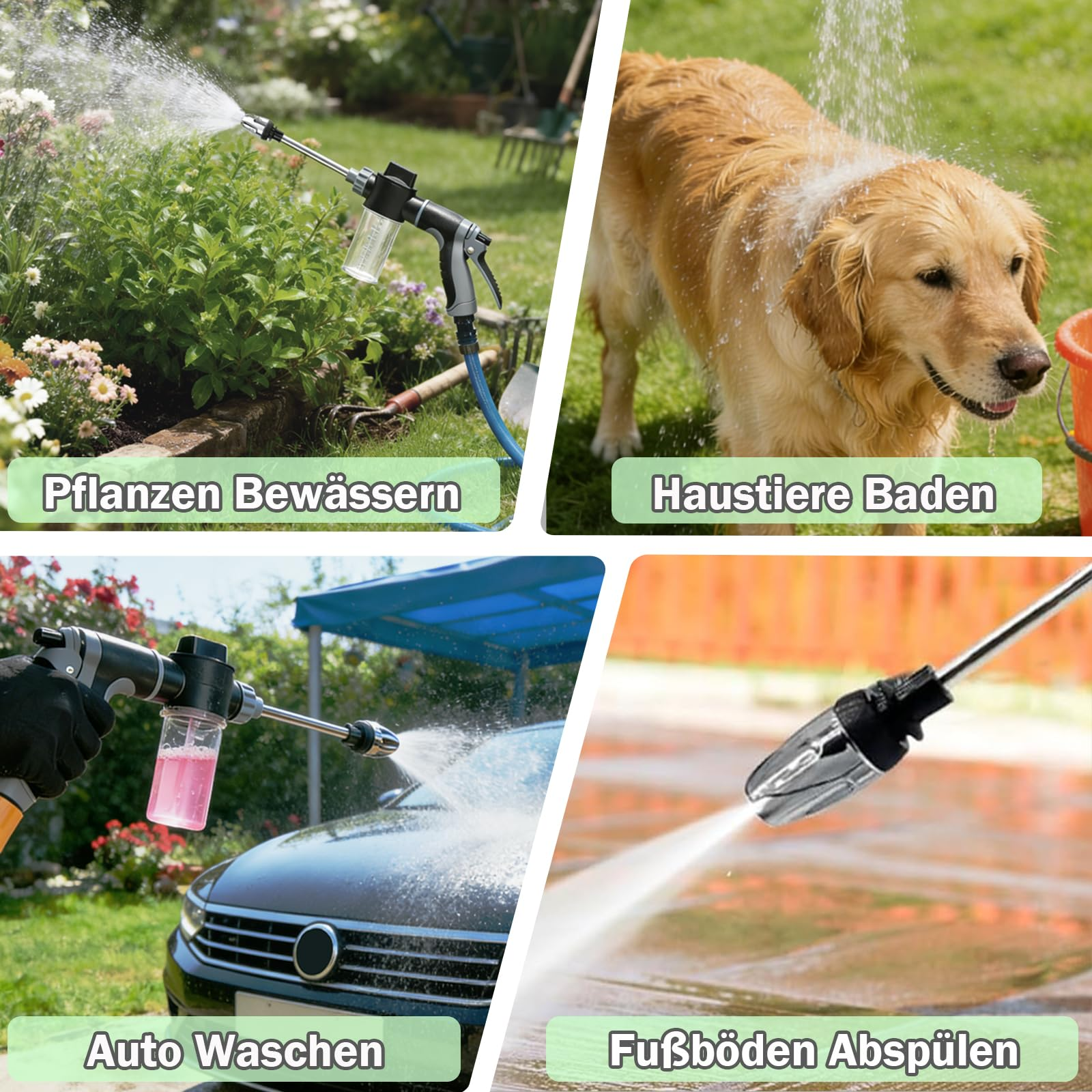 Gartenbewässerung, Hundebaden, Autowaschen und Bodenreinigung mit Hochdruckreiniger.