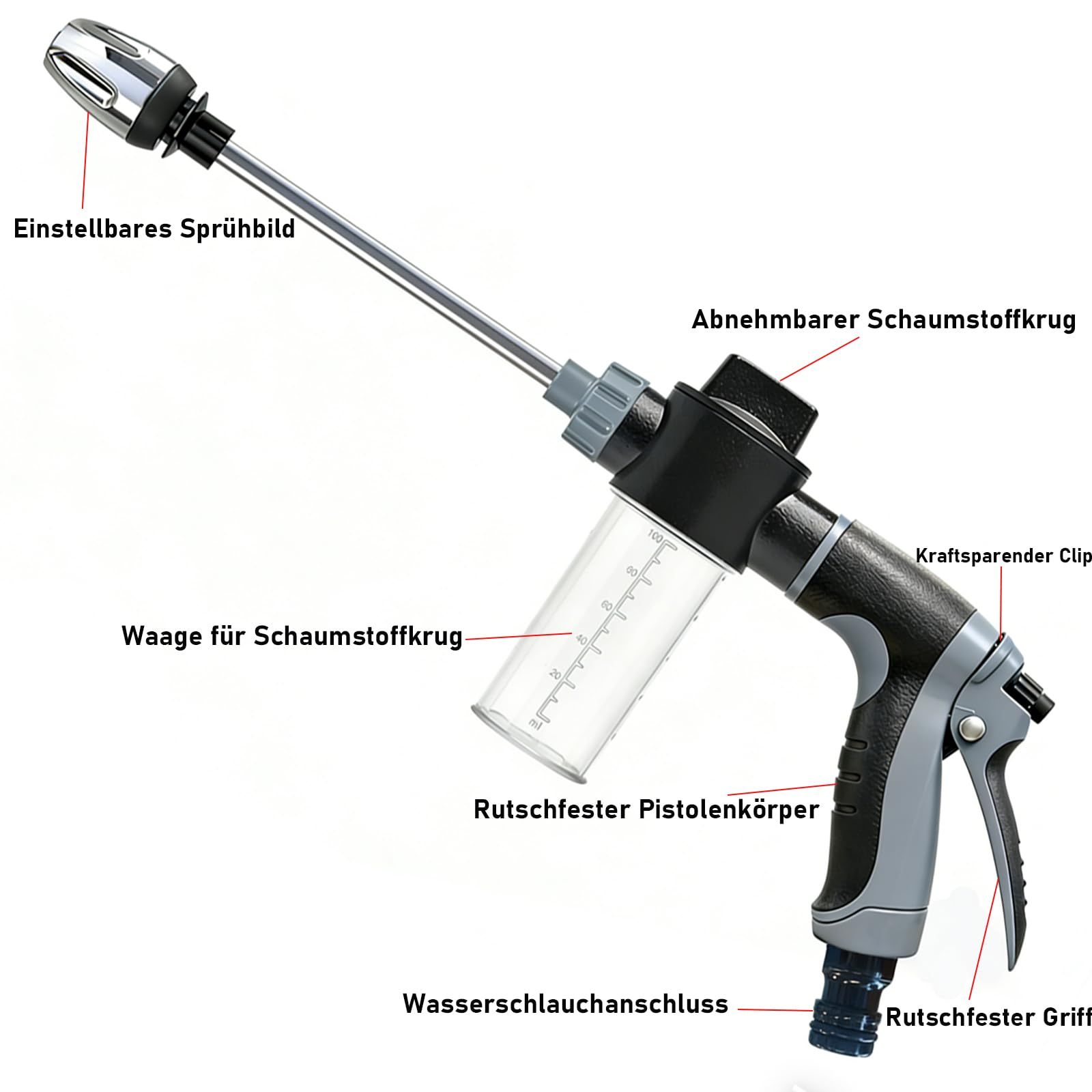 Eine schwarze und graue Spritzpistole mit abnehmbarem Schaumstoffkrug und verstellbarer Düse.