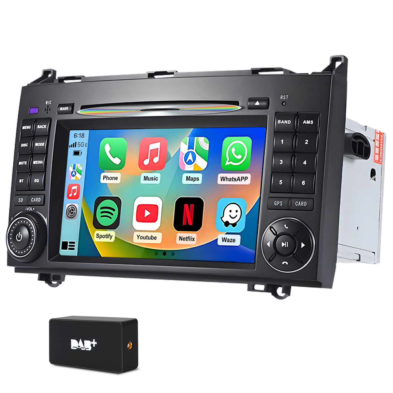 Ein Autoradio mit Touchscreen zeigt App-Icons wie Telefon, Musik und WhatsApp.