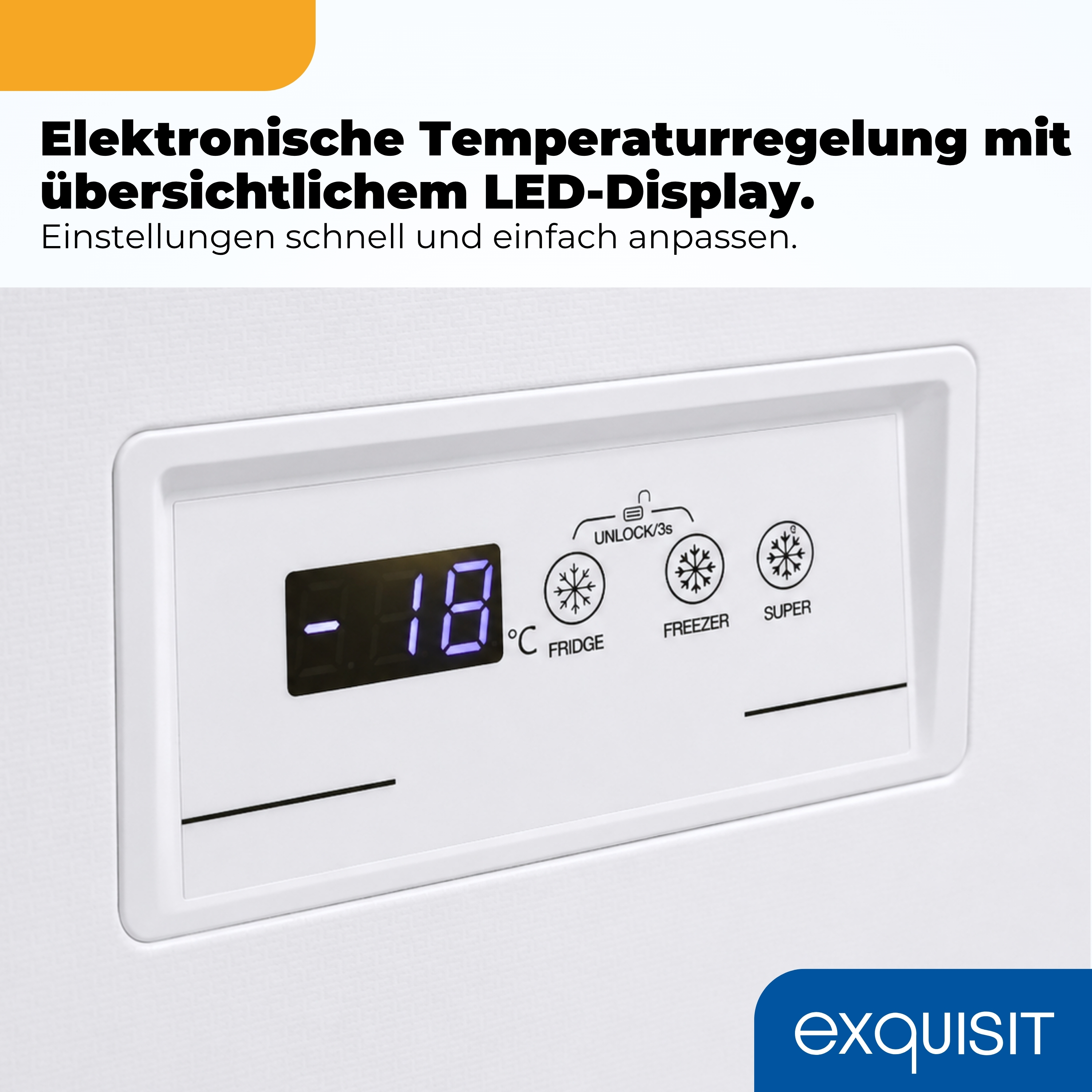 Ein Kühlschrankdisplay mit -18°C, Uhr, Kühlschrank-, Gefrier- und Super-Modus.