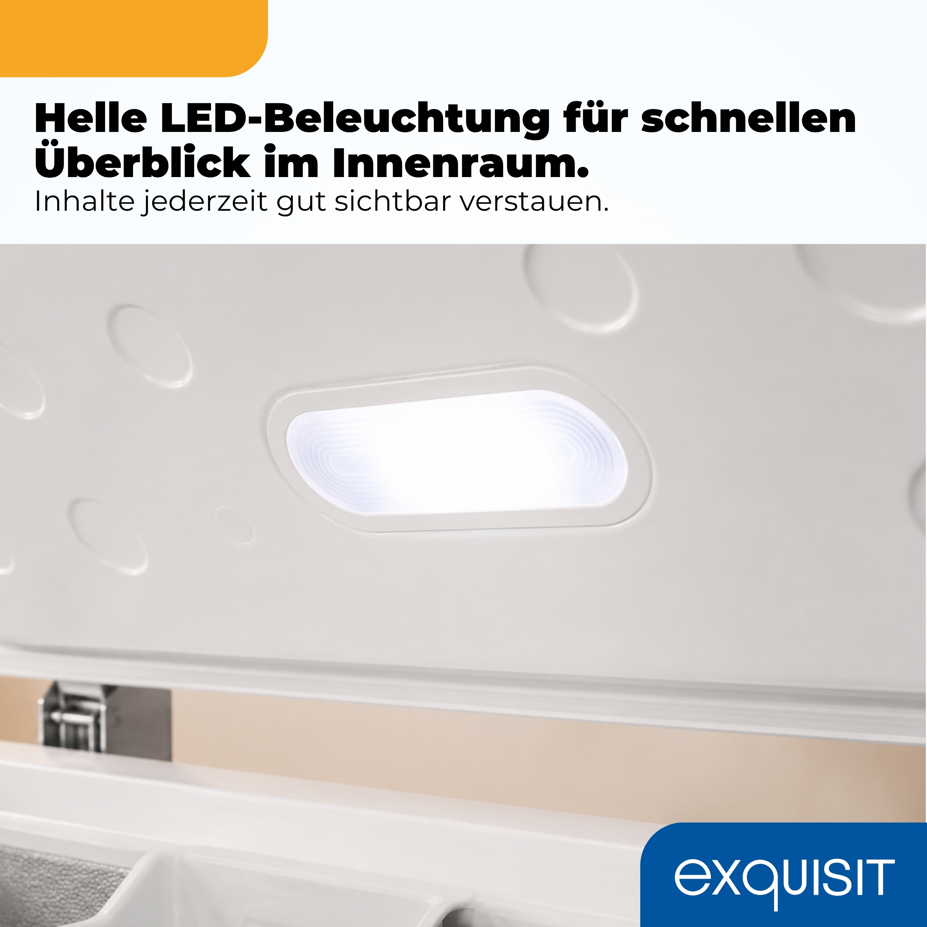 Helle LED-Beleuchtung im Innenraum eines weißen Geräts.