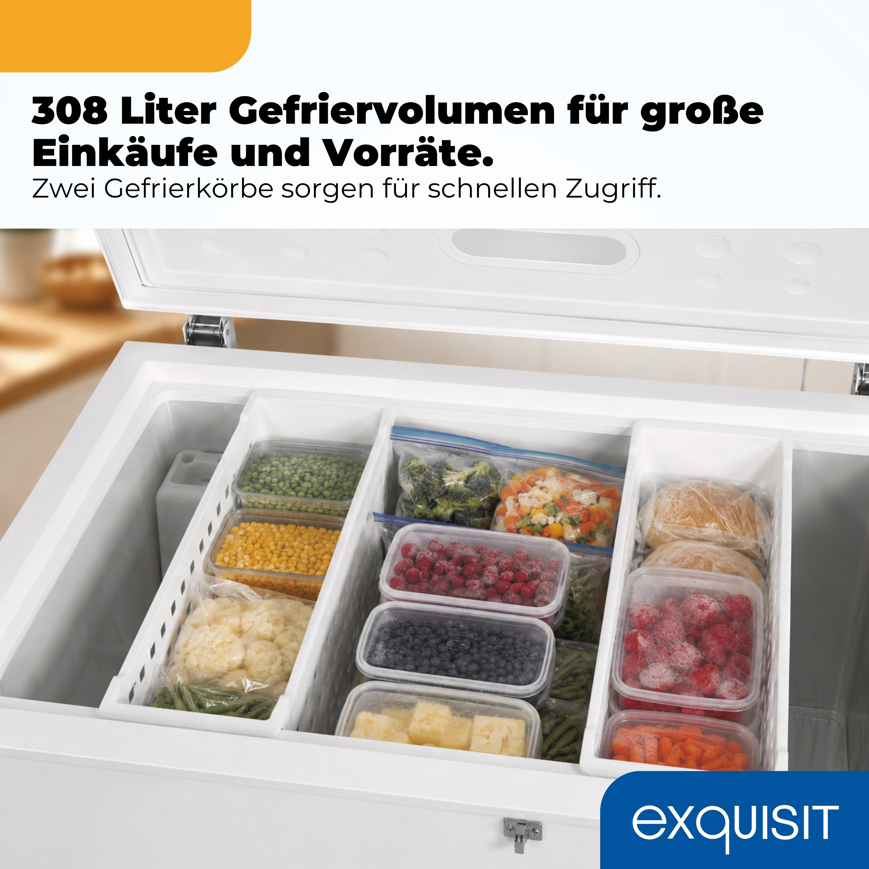 Gefrierschrank mit verschiedenen gefrorenen Lebensmitteln in Behältern und Beuteln.