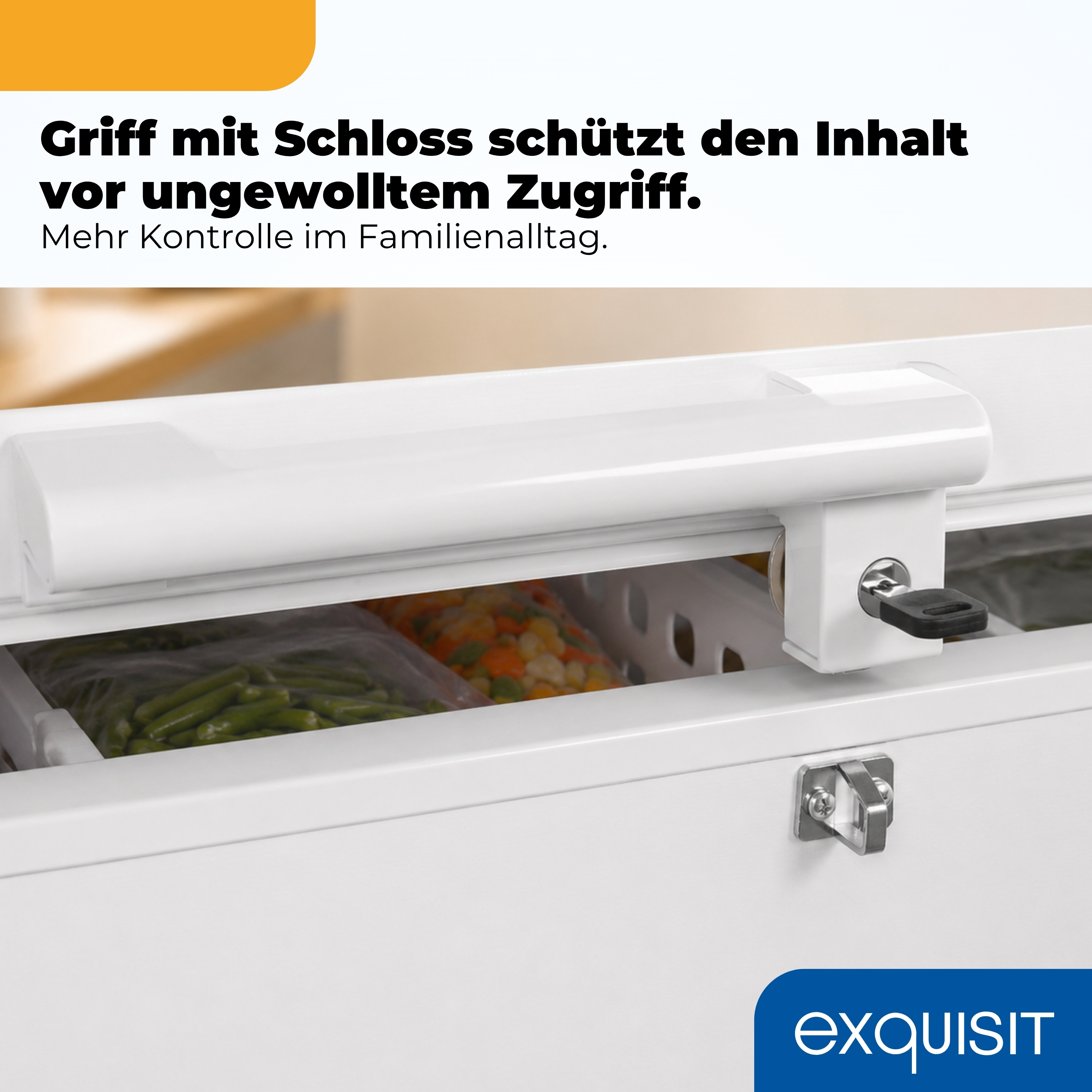 Gefrierschrank mit Schloss und Griff, gefüllt mit gefrorenem Gemüse.