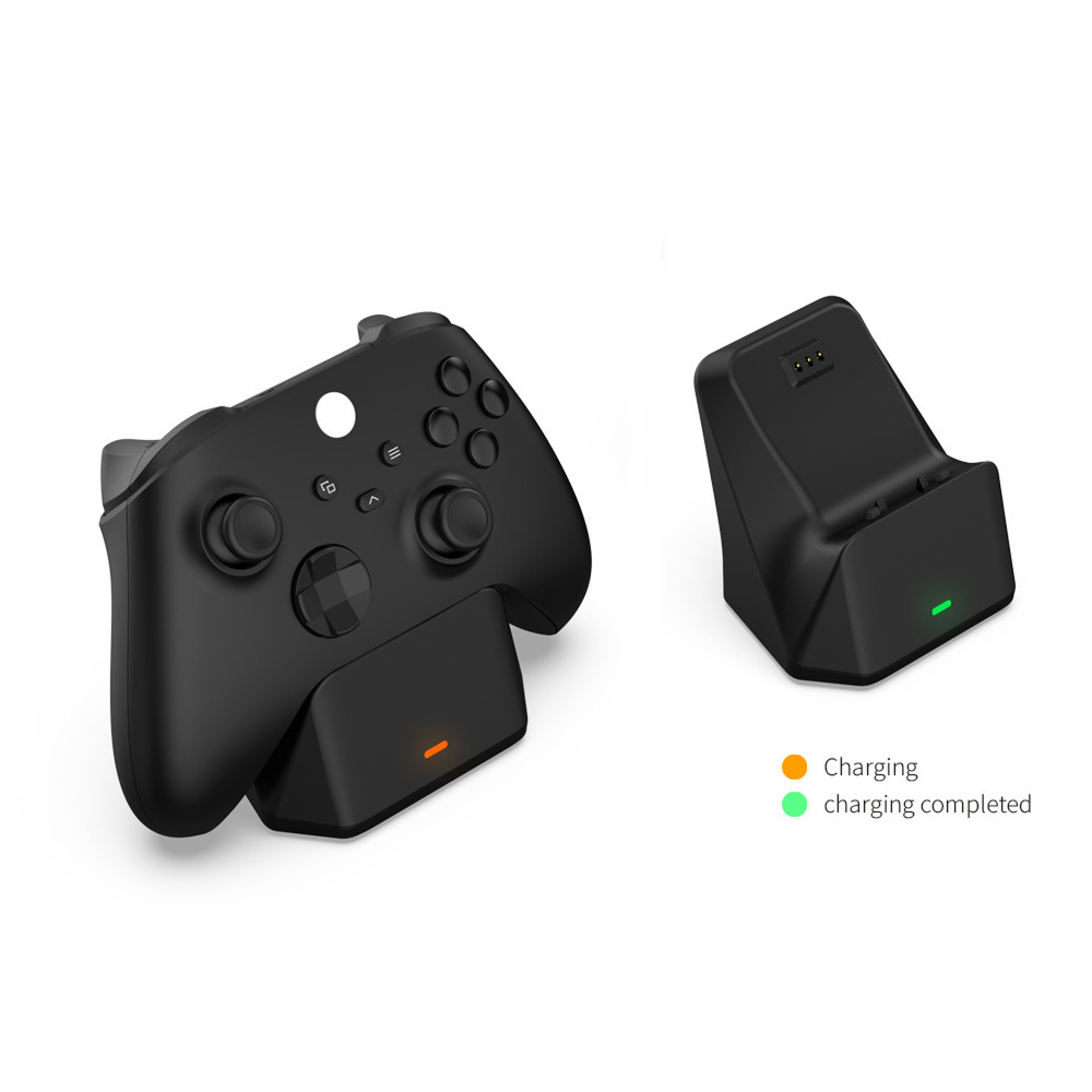 Schwarzer Controller auf Ladestation mit orangenem Licht. Daneben eine leere Station.
