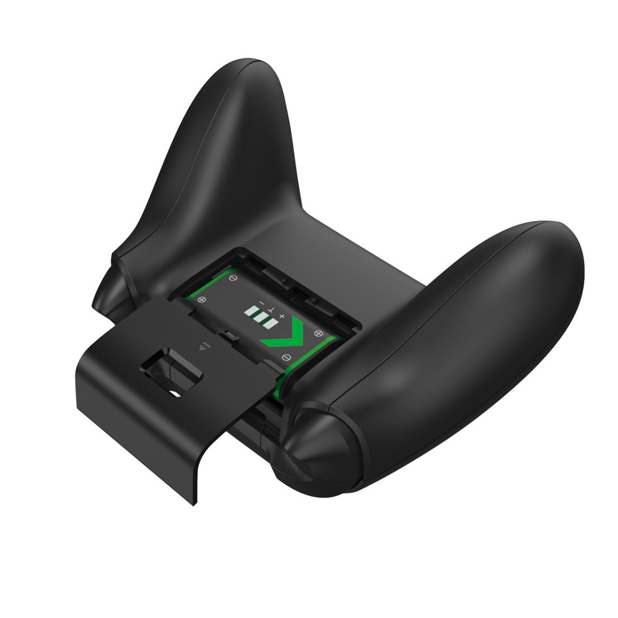 Schwarzer Controller mit geöffnetem Batteriefach und sichtbarer Batterieanzeige.