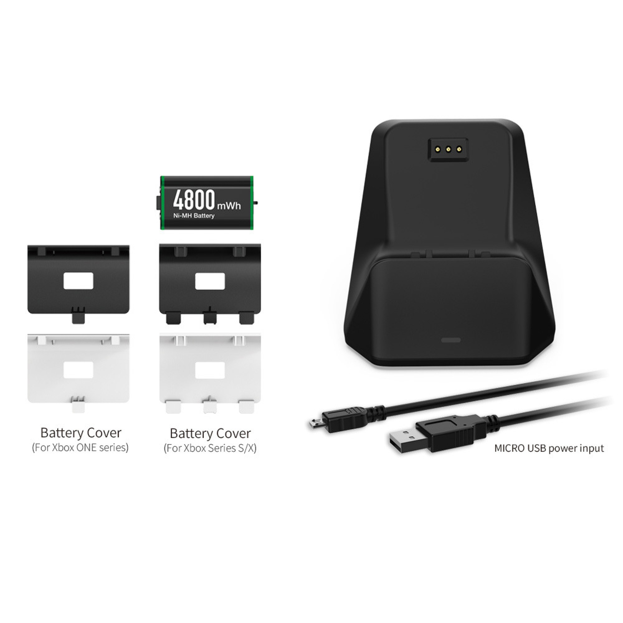 Ein schwarzer Ladeständer mit Akku, Abdeckungen und USB-Kabel.
