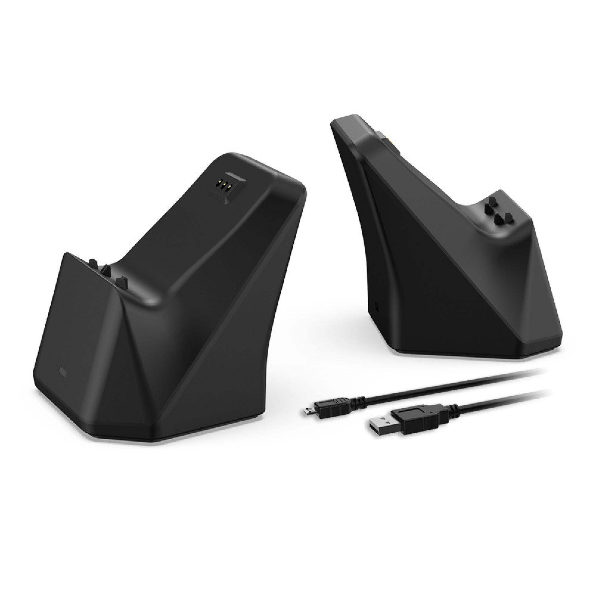 Zwei schwarze Ladestationen mit USB-Kabeln auf weißem Hintergrund.