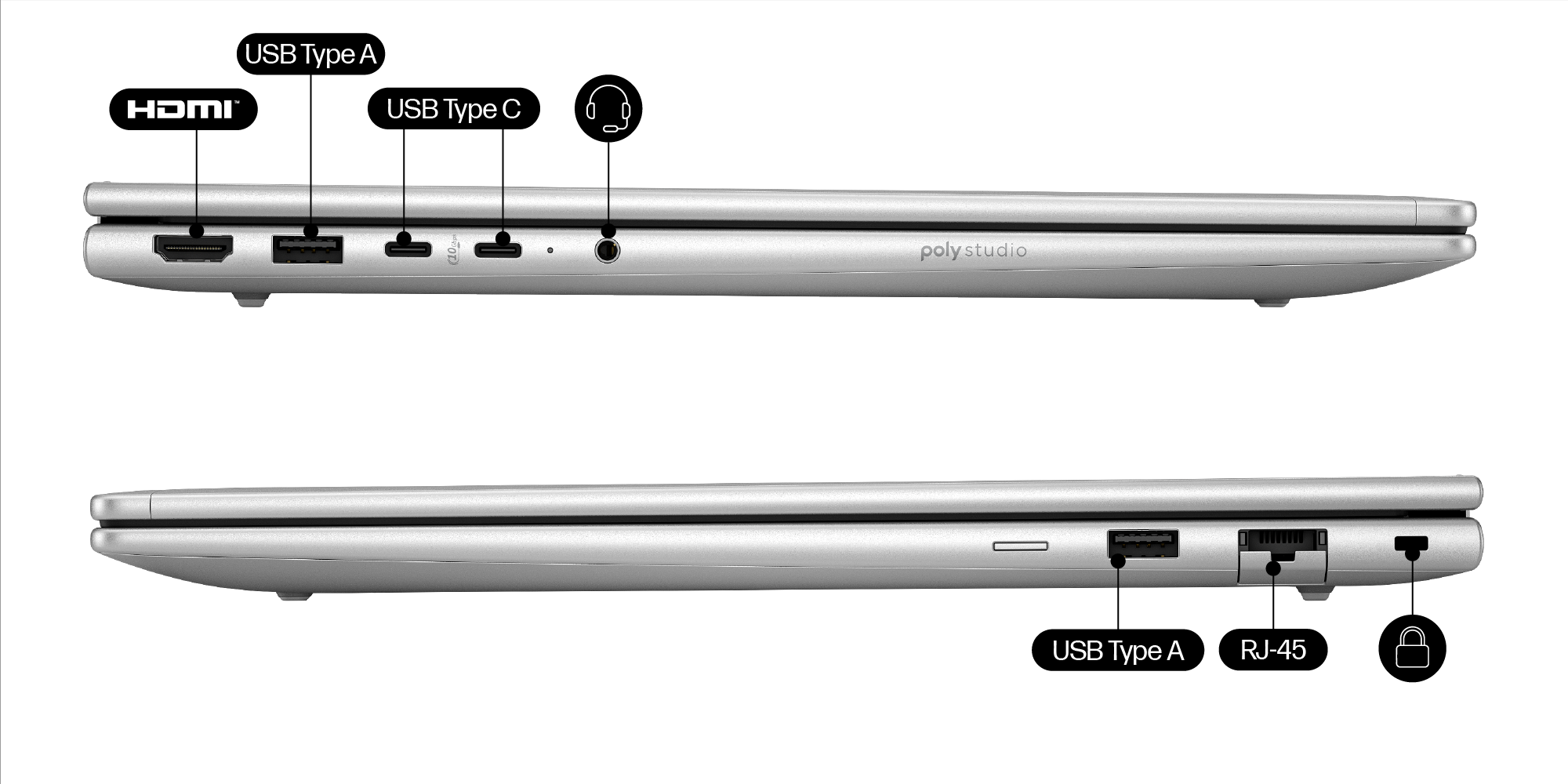 Silbernes Notebook mit HDMI, USB-A, USB-C, Kopfhöreranschluss, RJ45 und Schloss.