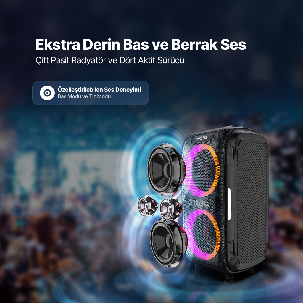 Derin bas için reklamı yapılan, ışıklı ve sürücülü siyah hoparlör.