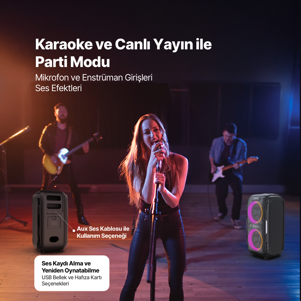 Mikrofonlu şarkıcı, arkada gitaristler, hoparlörler ve metin.