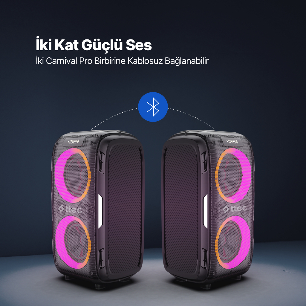 Pembe ve turuncu aydınlatmalı iki hoparlör kablosuz bağlanmıştır.