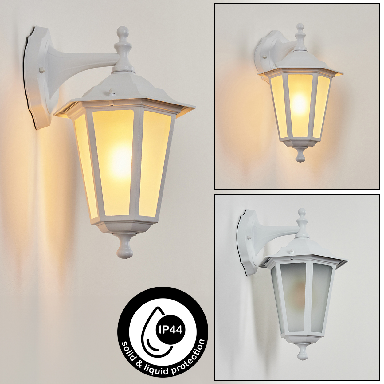 Weiße Wandleuchte mit sechseckigem Laternenkopf, beleuchtet und unbeleuchtet.