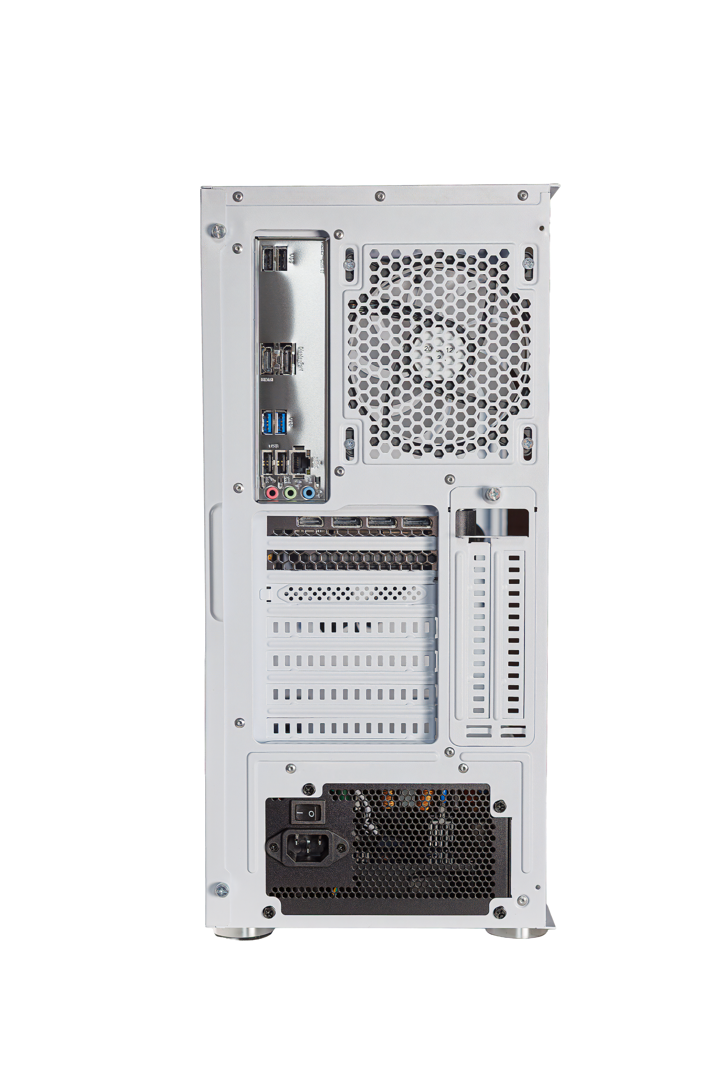 Rückseite eines weißen PC-Gehäuses mit Anschlüssen, Lüfter und Netzteil.