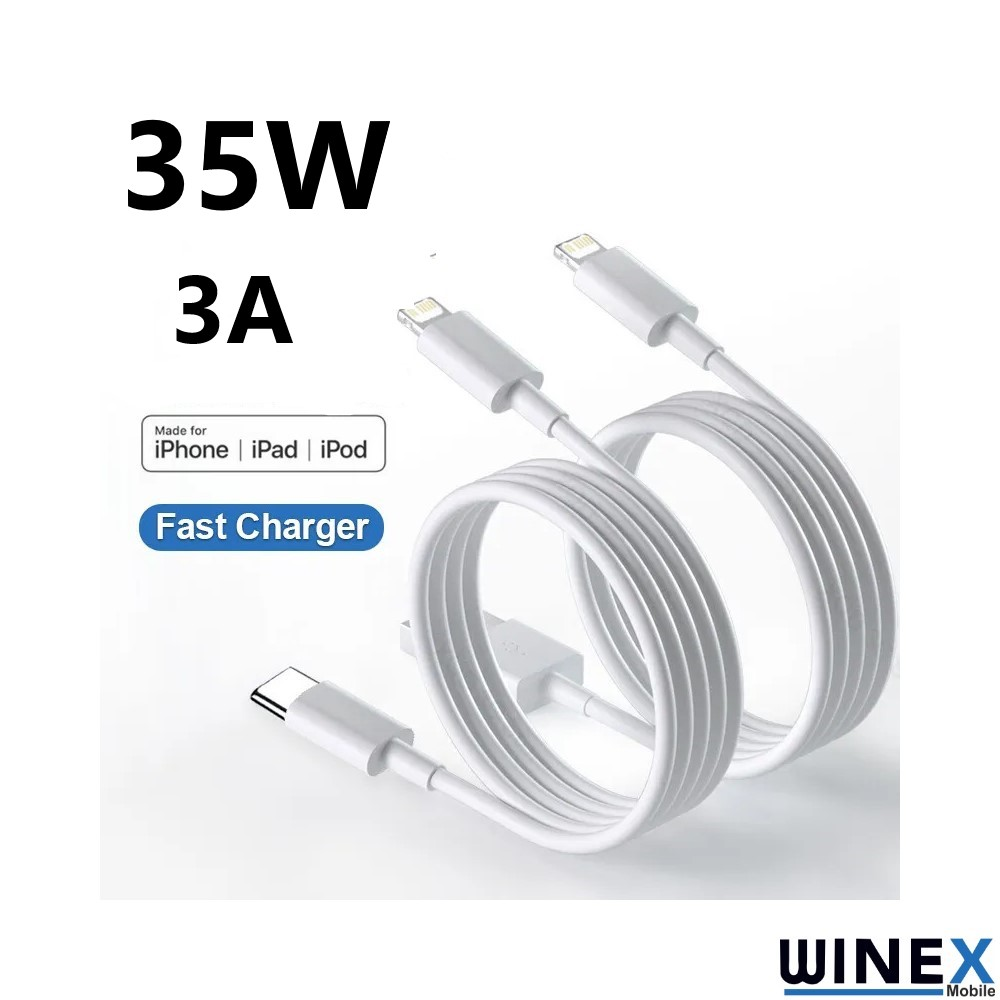 USB-C ve Lightning konektörlü iki beyaz şarj kablosu. 35W 3A.