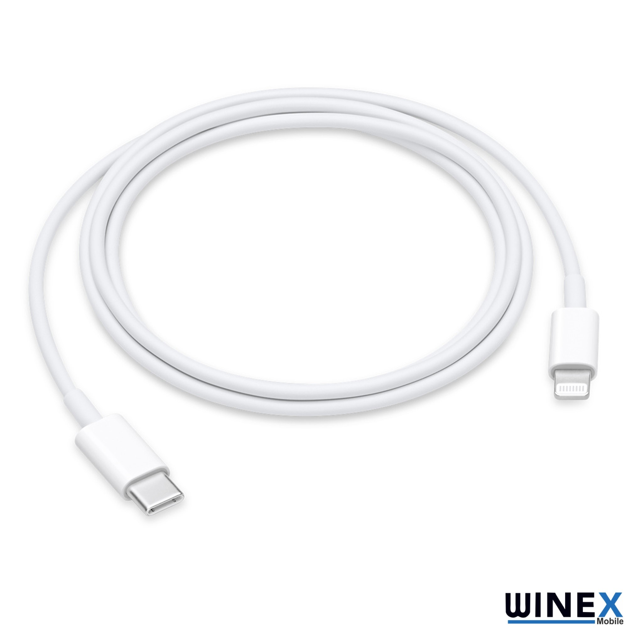 Beyaz arka plan üzerinde USB-C ve Lightning konektörlü beyaz şarj kablosu.
