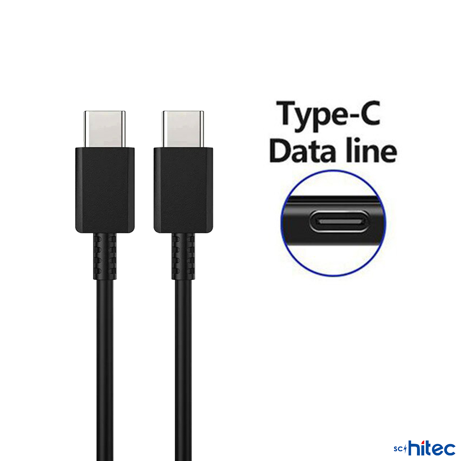Birbirine bitişik iki siyah USB-C veri kablosu, konektörün yakın çekimiyle.