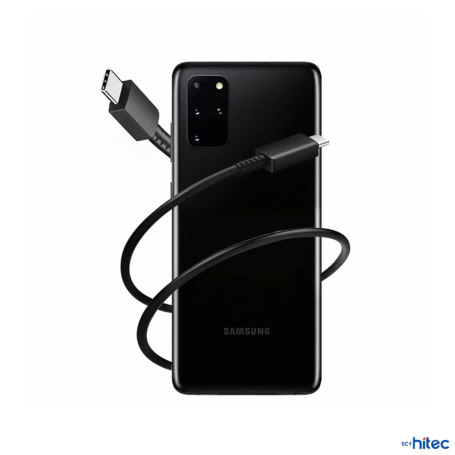 Etrafına USB-C kablosu sarılmış siyah Samsung akıllı telefon.