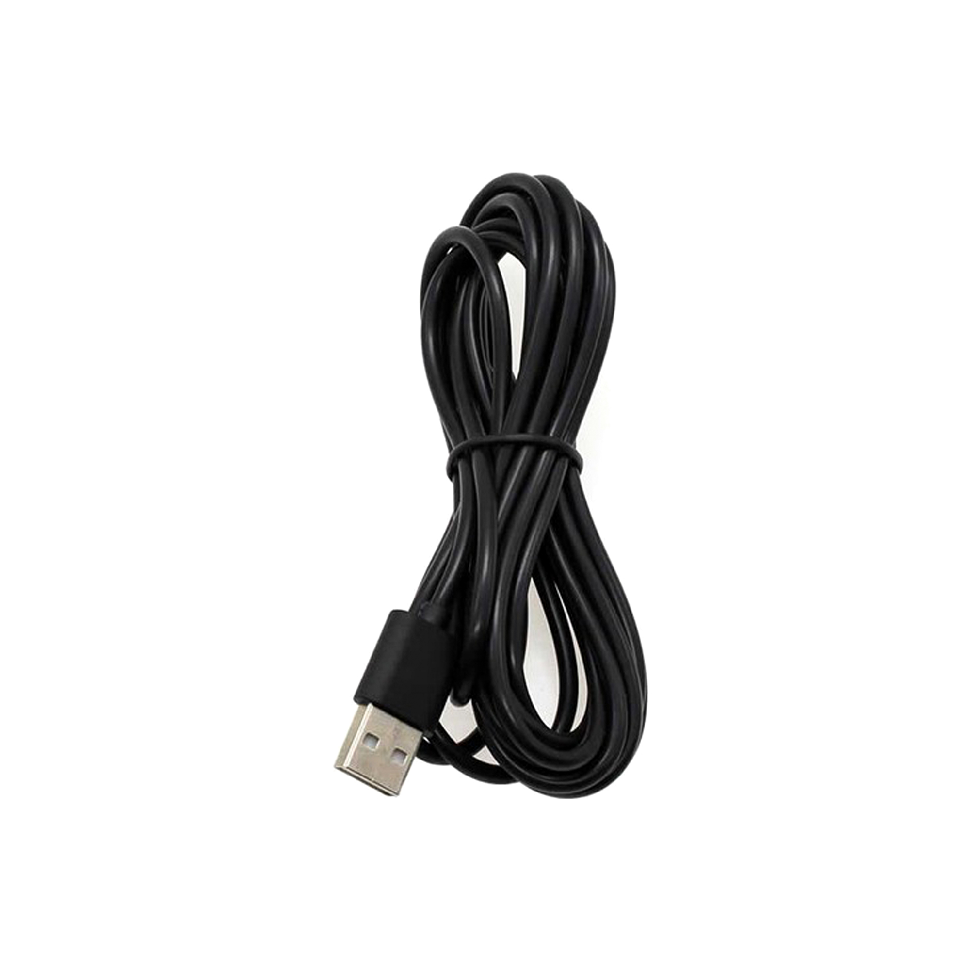 Beyaz arka plan üzerinde kıvrılmış siyah USB kablosu. Konektör görünür.