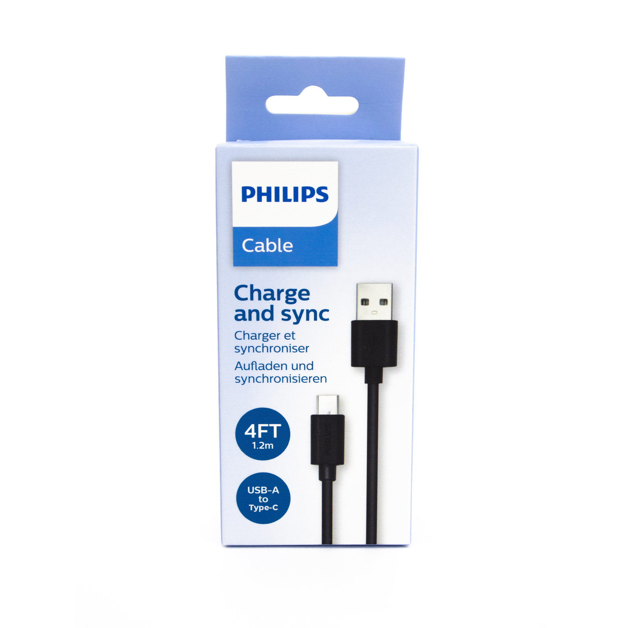 Philips USB-A - Type-C kablo, 1,2m, siyah, şarj ve senkronizasyon için.