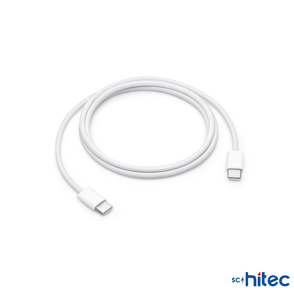 SchiTec logosuyla beyaz zeminde kıvrılmış beyaz USB-C kablosu.