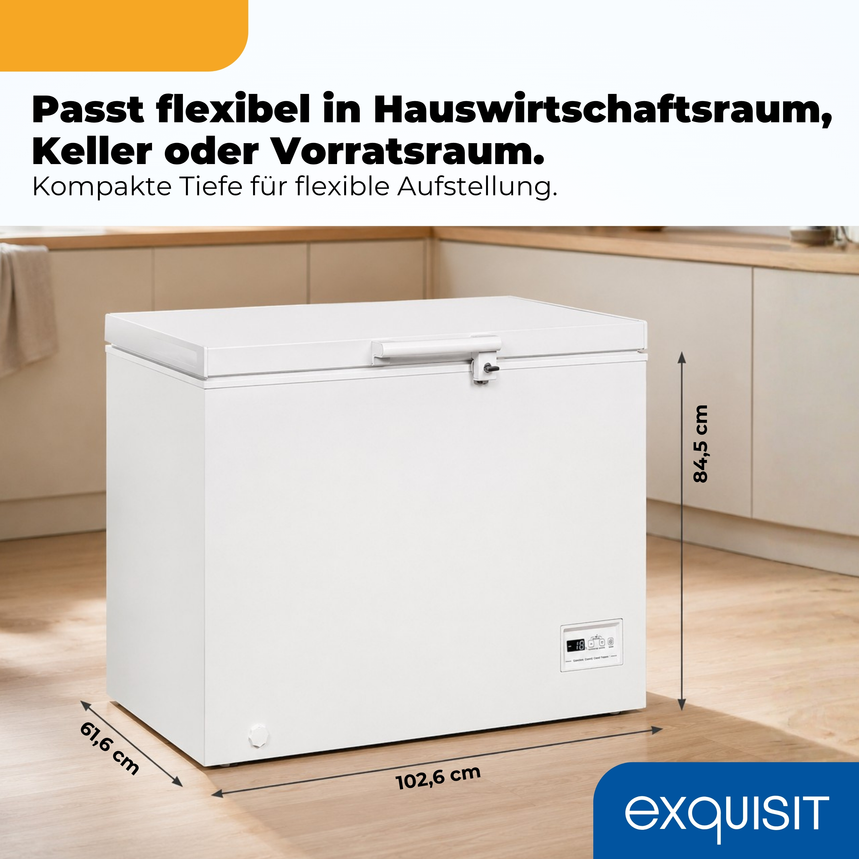 Ein weißer Truhengefrierschrank mit Maßen 102,6 x 61,6 x 84,5 cm.
