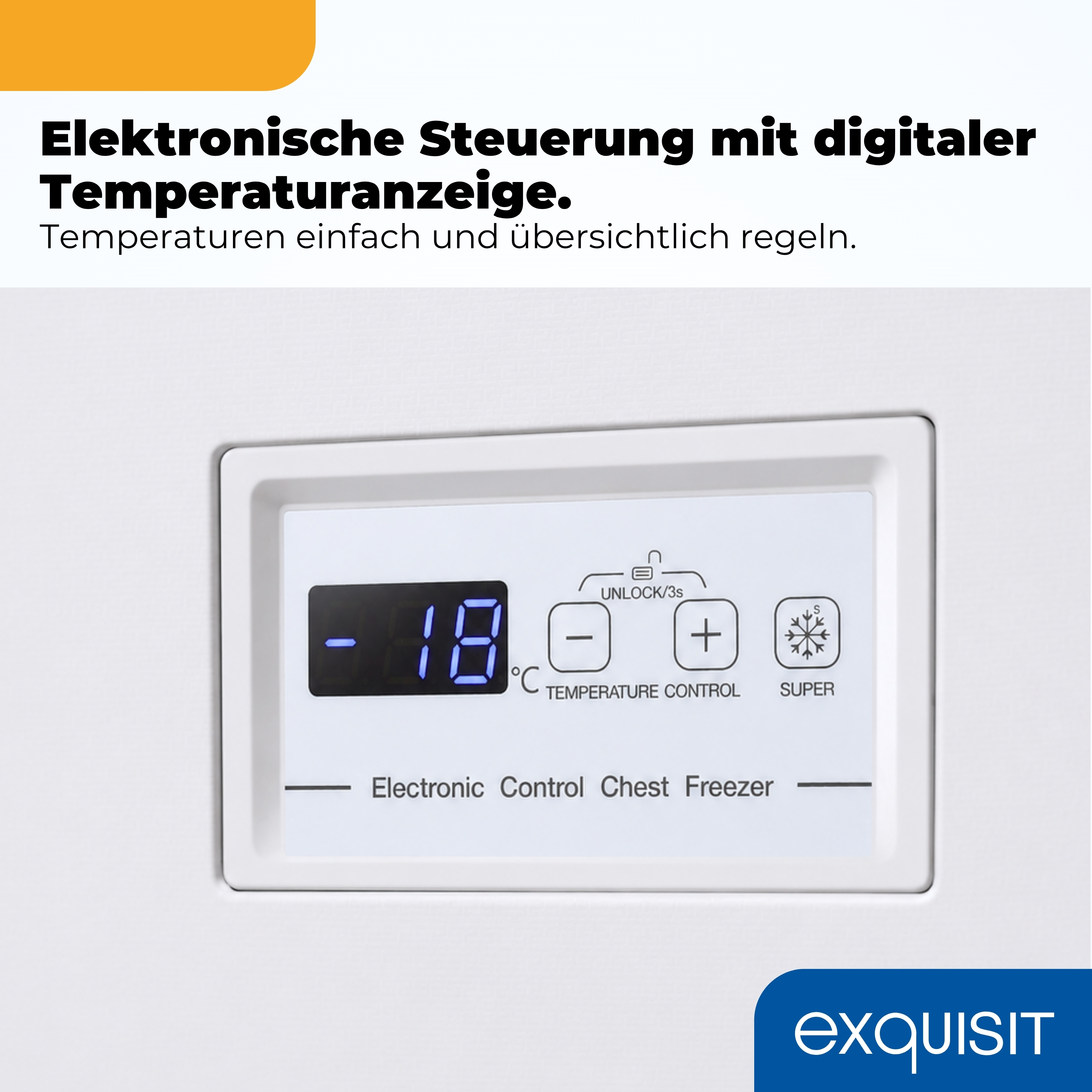 Digitale Anzeige zeigt -18°C. Tasten für Temperaturregelung und Super-Funktion.