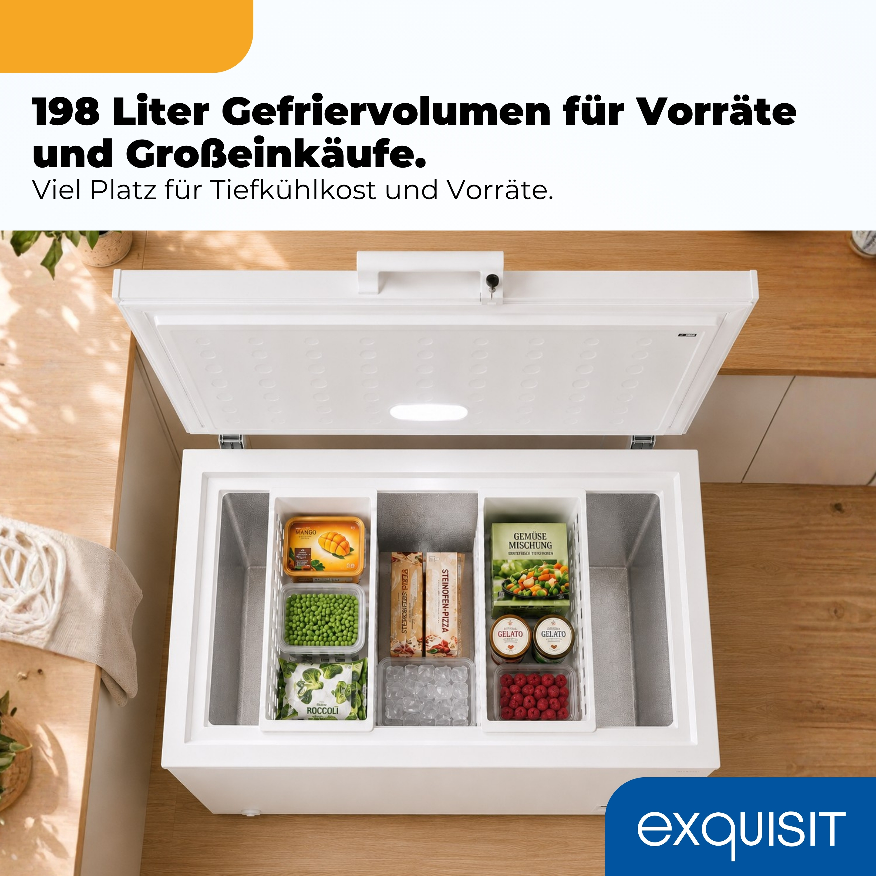 Gefrierschrank mit gefüllten Fächern: Mango, Brokkoli, Pizza, Gemüse und Eis.