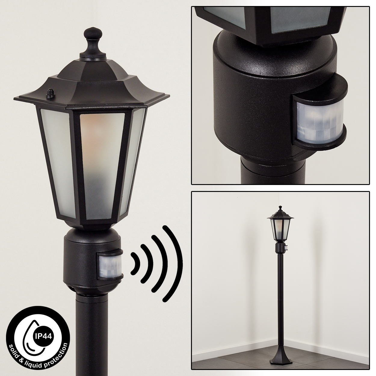 Schwarze Außenlampe mit Bewegungsmelder und IP44-Schutz. Nahaufnahmen zeigen Details.