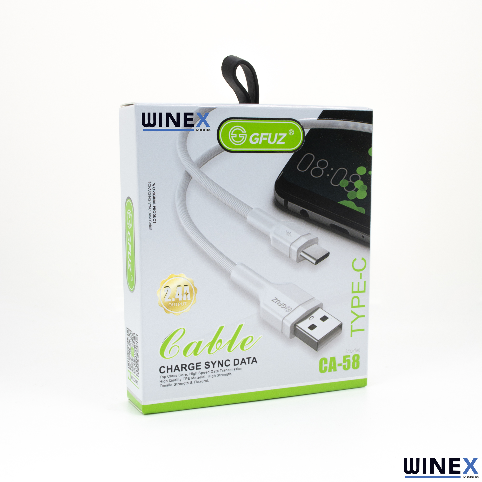 WINEX marka beyaz USB-C - USB-A kablo ambalajı, kablo ve telefon görünüyor.