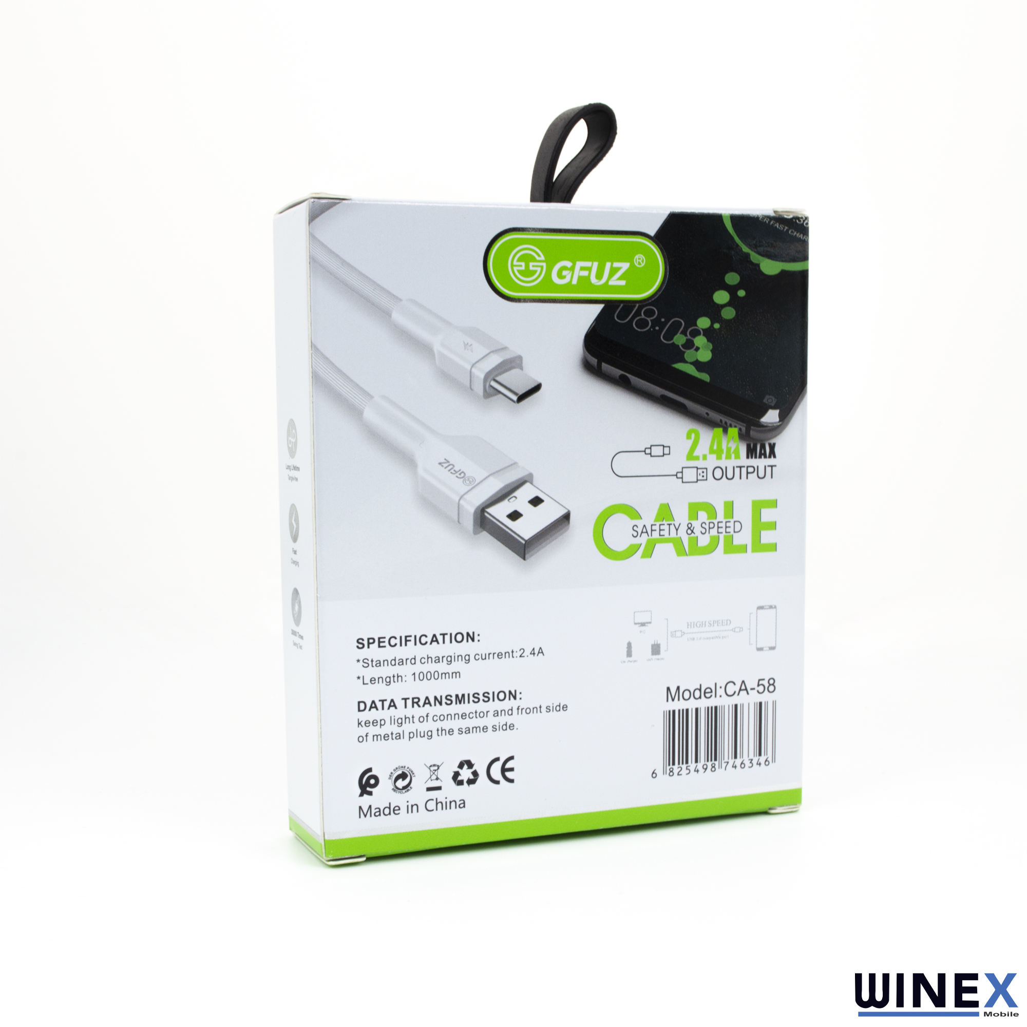 GFUZ beyaz USB-C kablo ambalajı akıllı telefon ile.