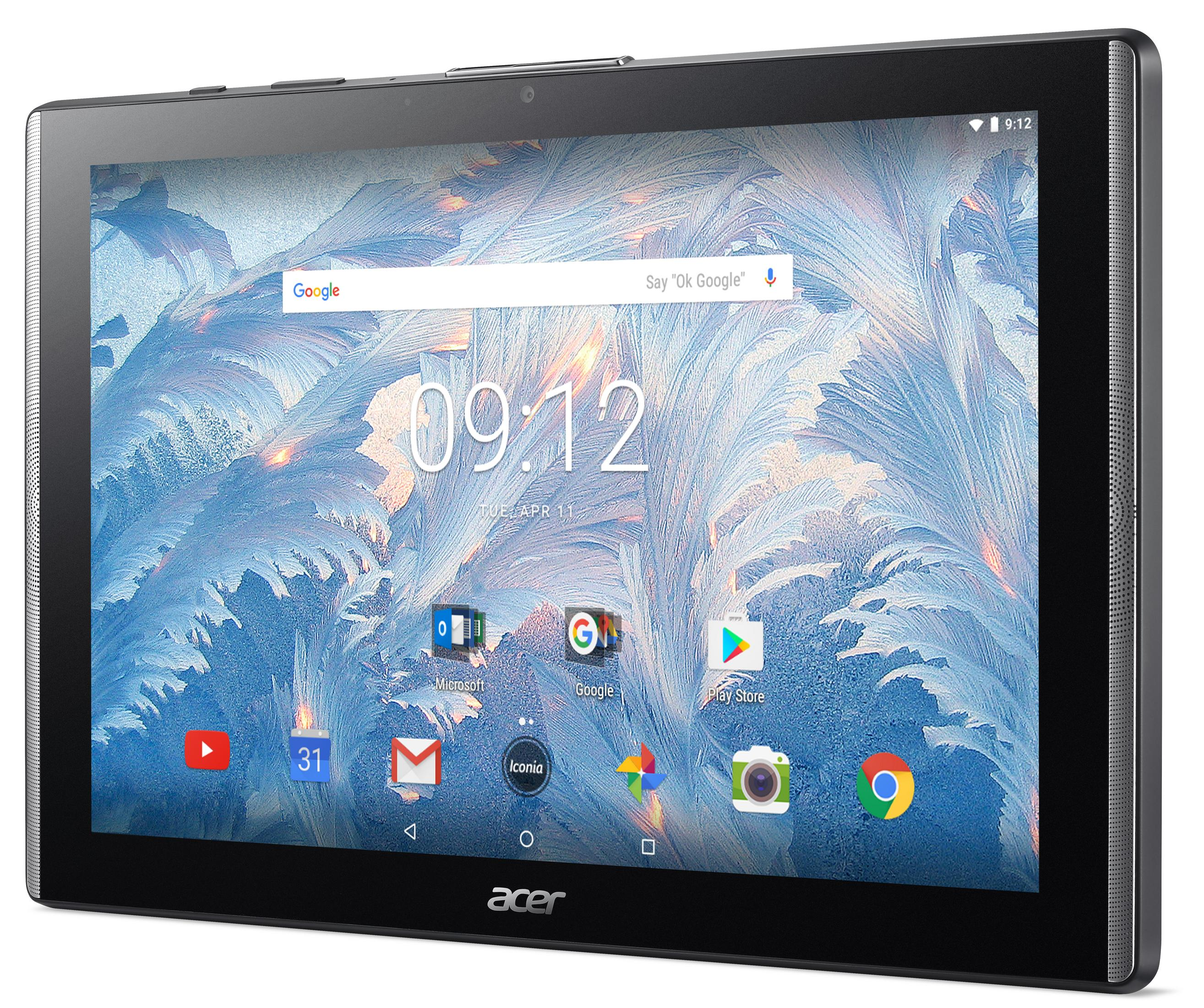 Acer-Tablet zeigt Google-Suchleiste, Uhrzeit 09:12, Datum und App-Icons.