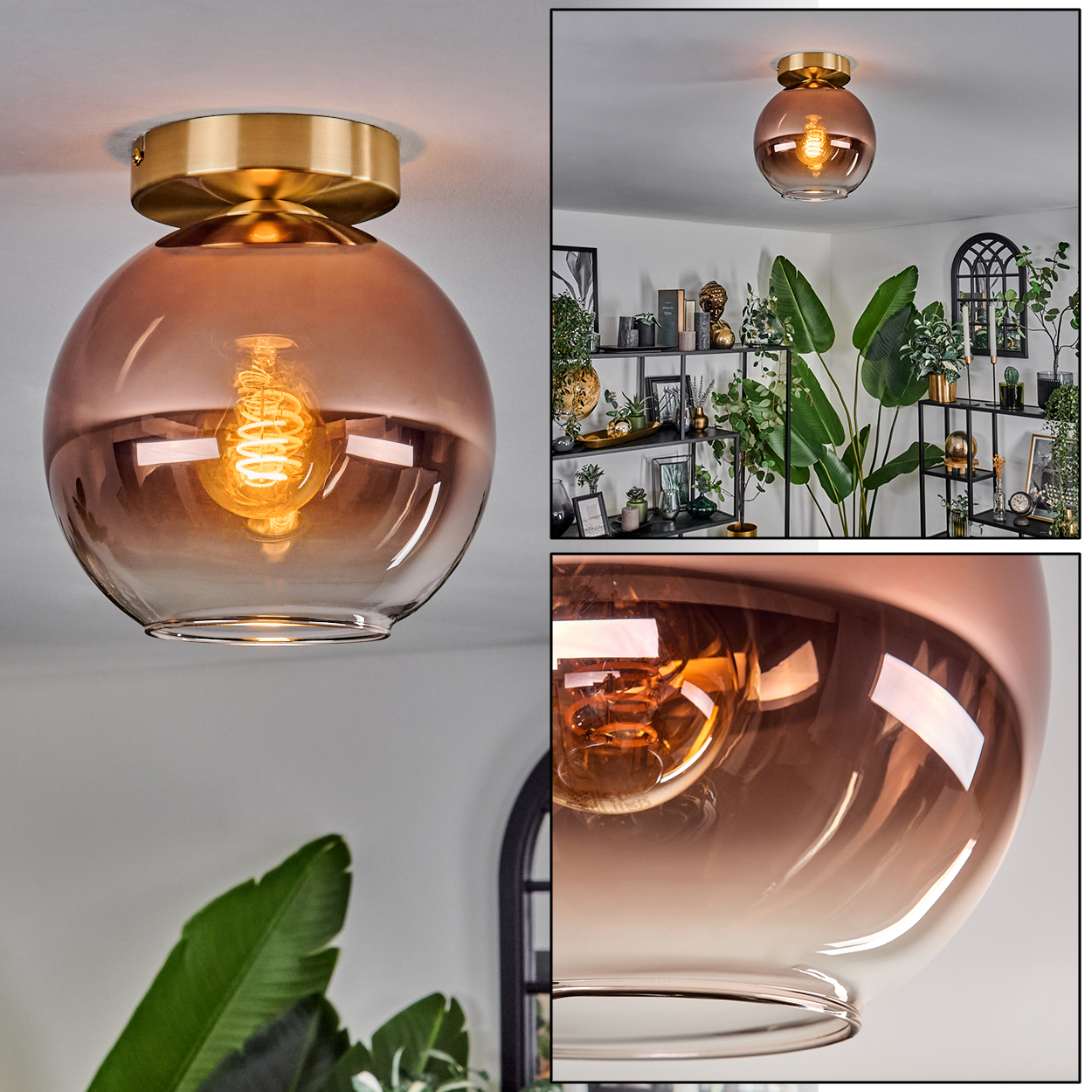 Eine bronzefarbene Glaslampe mit Glühfadenbirne an der Decke.